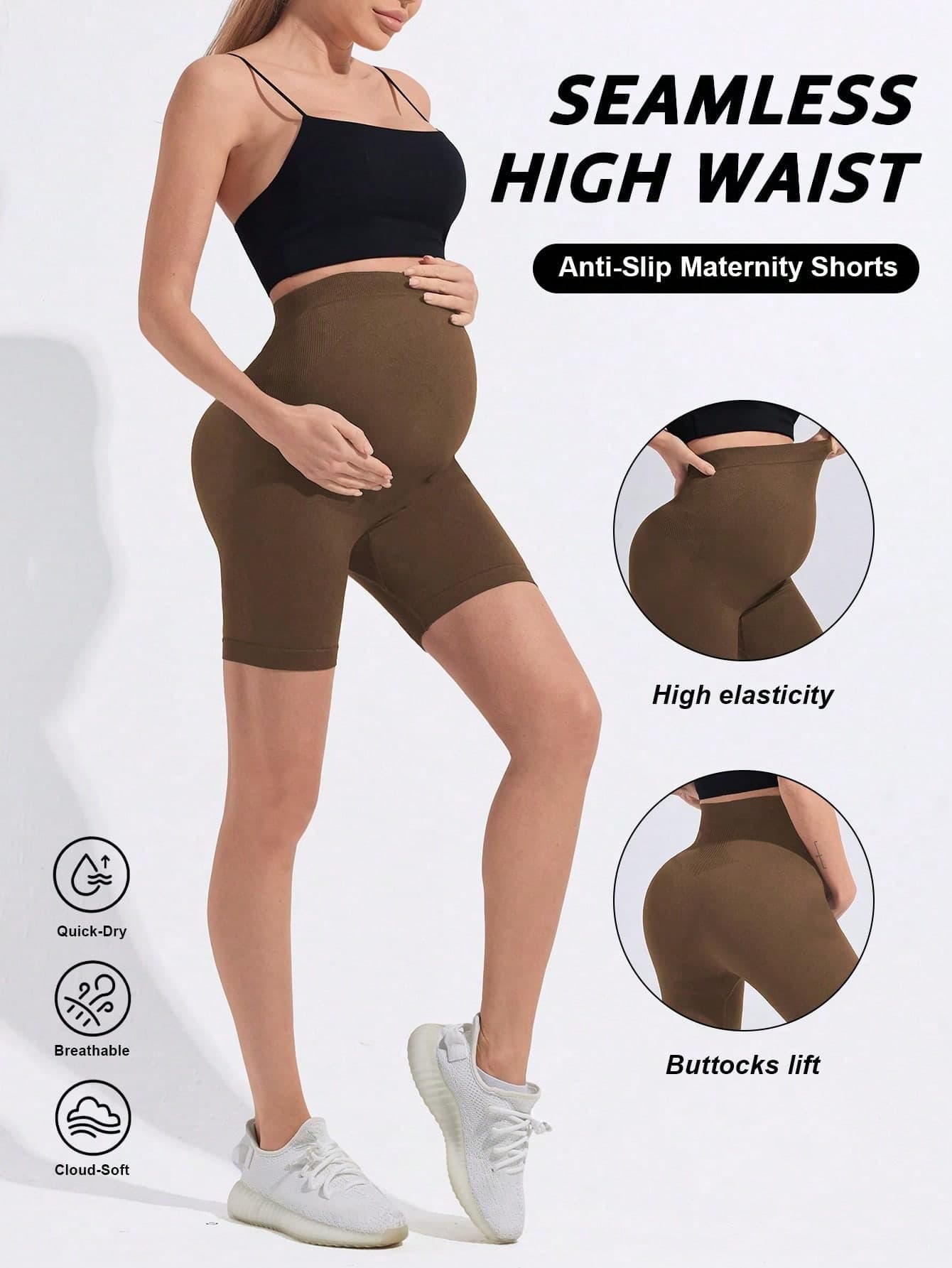 Maternity Seamless Solid Color High Waist Ribbed Waistband Non-Slip Leggings, Basic Fitted Sports Shorts Summer