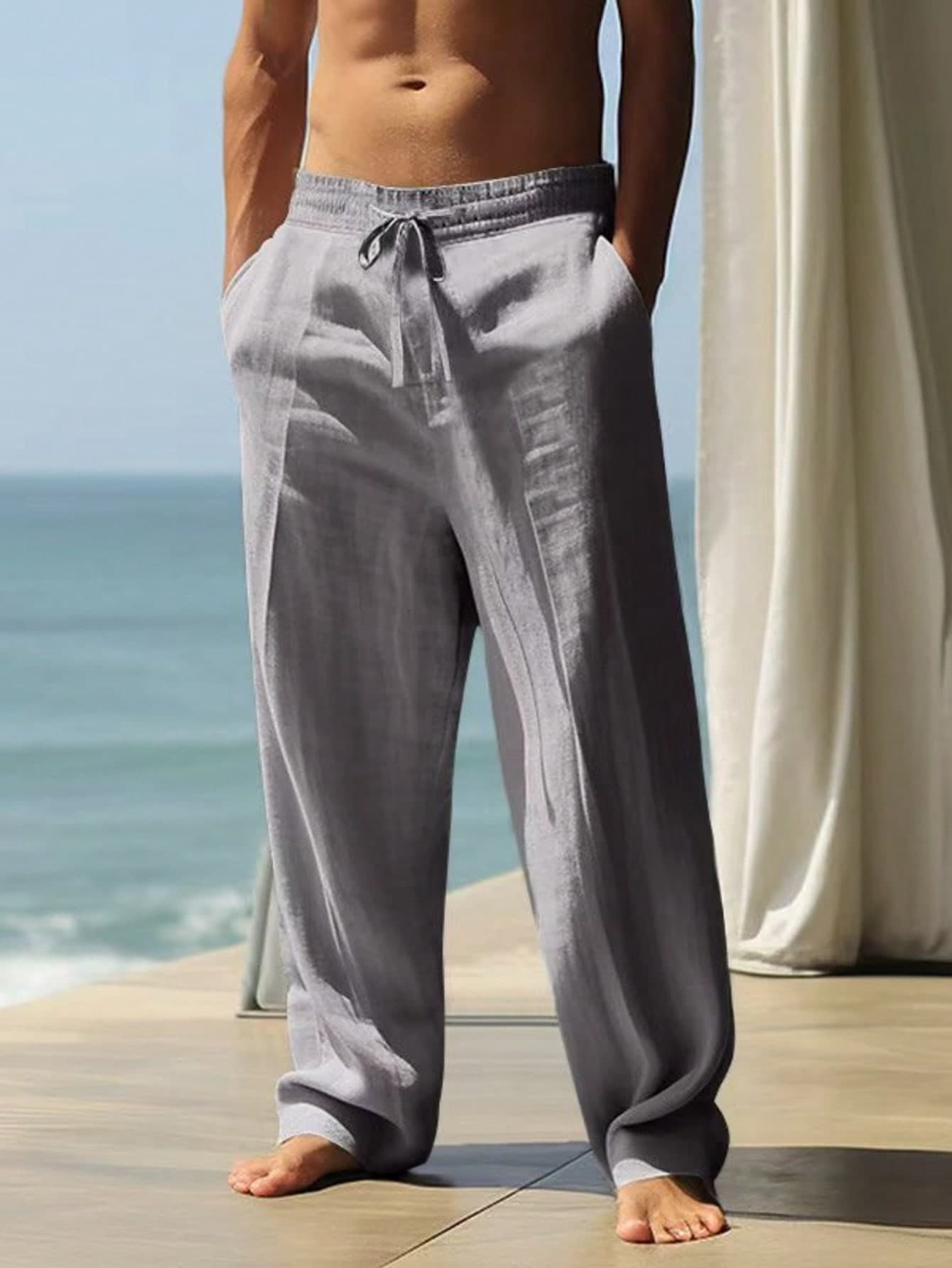 Men's Spring/Summer Thin Breathable Hip Hop Linen Casual Lounge Sports Long Pants Beach Straight Leg Hawaiian Solid Color