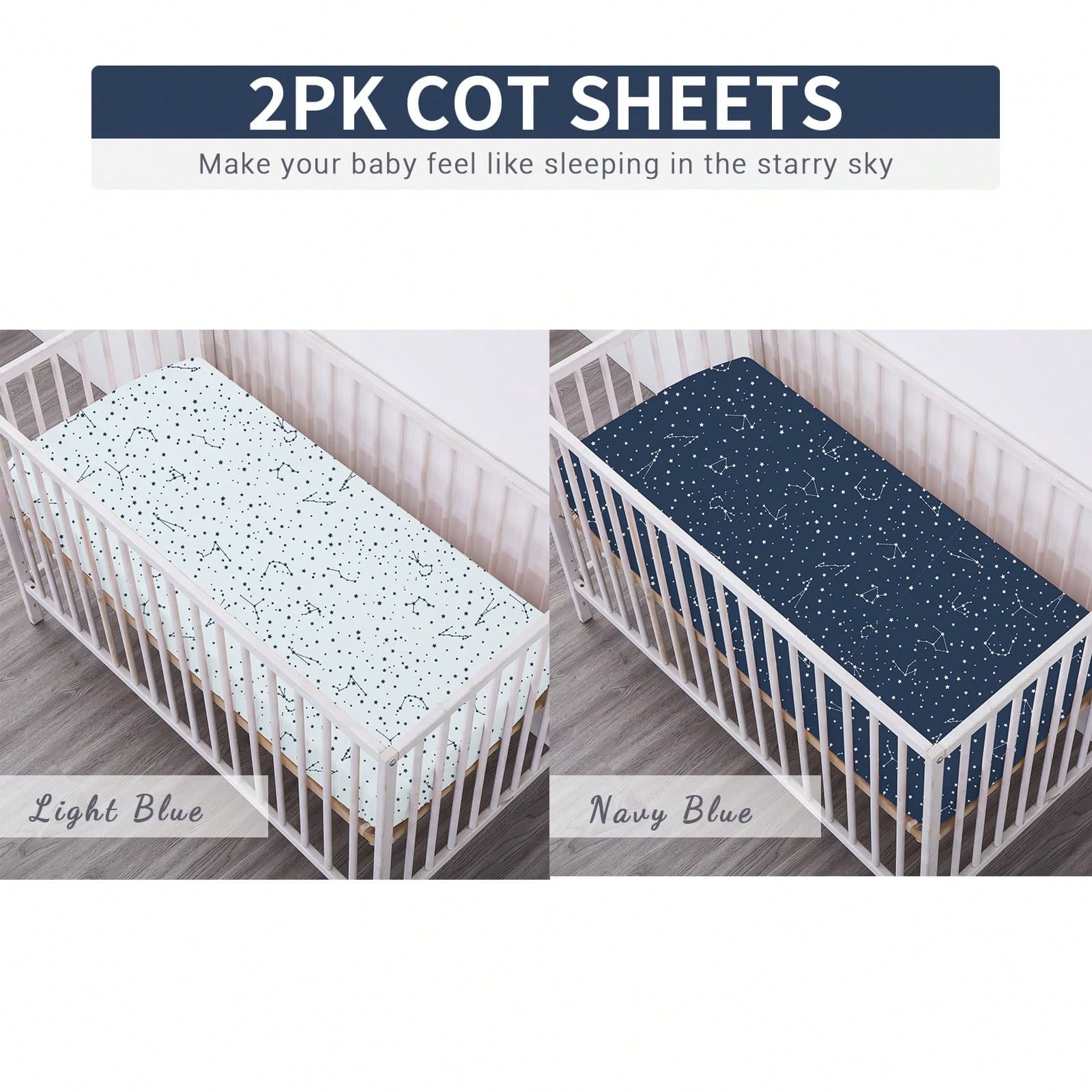 2PCS Cotton 70*140cm Baby Crib Fitted Sheets, Oeko-Tex Certified Soft&Breathable, 2 Packs Mattress Cover, Light Blue Navy Star, All Season