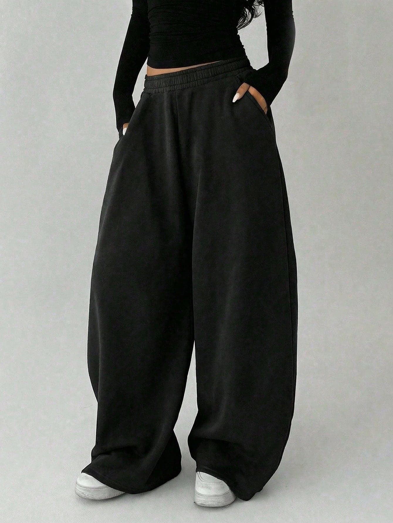 1pc Girls' Teen Casual Sports Personalized Elastic Waist Wide Leg Straight Long Pants Spring Autumn Winter