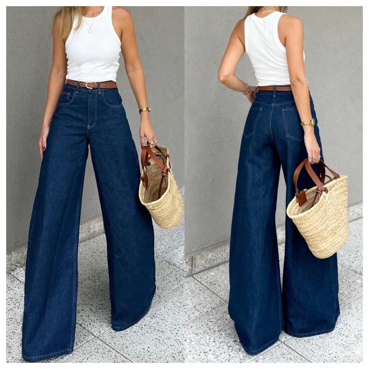 Fashionable Women's Dark Wash Denim Wide Leg Long Pants, Button Detail Design, Medium Stretch, Suitable For Casual Elegant Spring Outfits.
