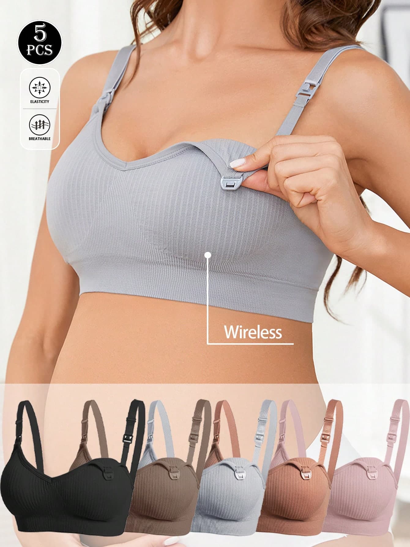 5pcs Maternity & Nursing Bras, Removable Pads, Front Closure Double Hook Design, Suitable For Pregnancy, Postpartum, All Seasons