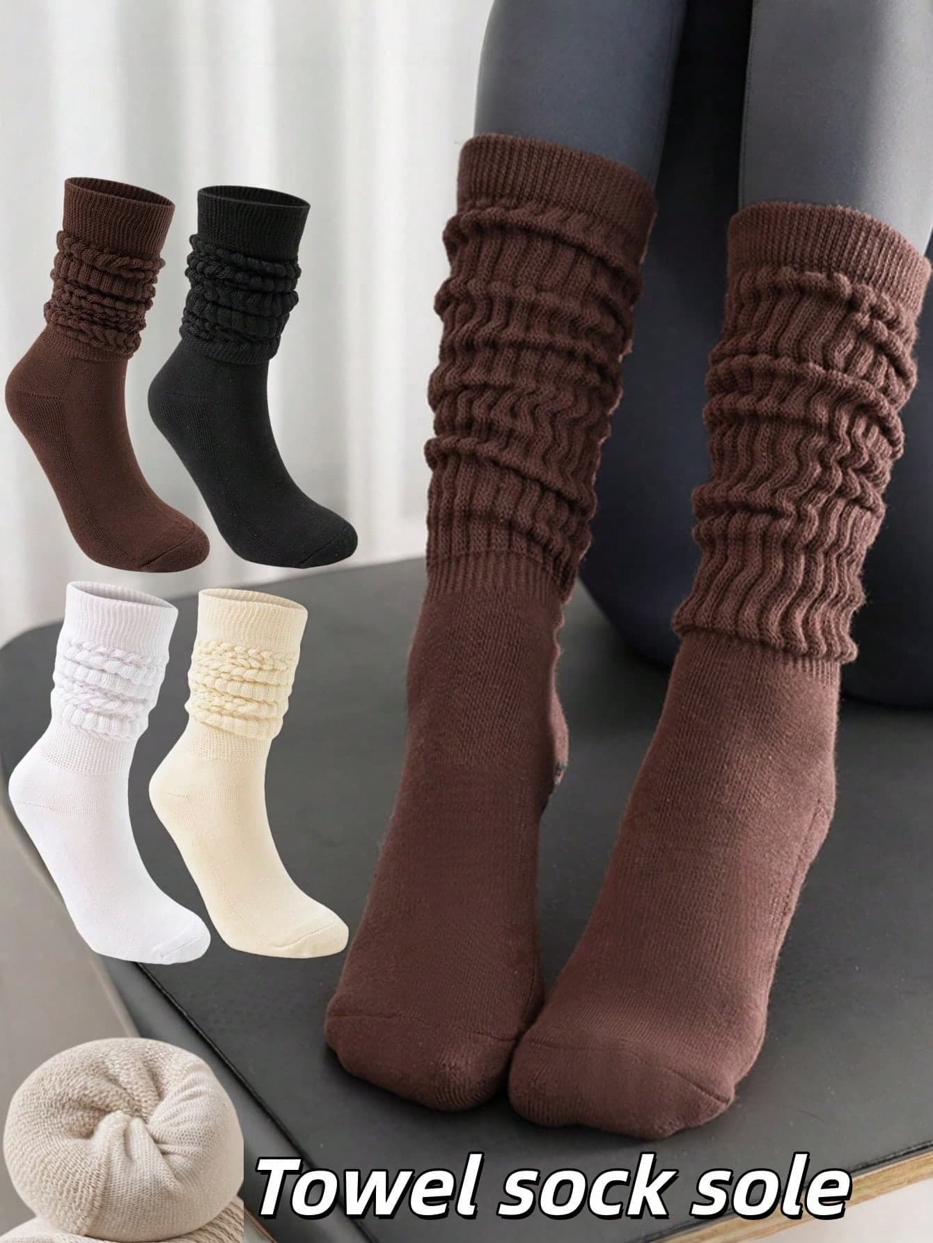 4/3/2/1 Pairs Women's Over-The-Knee Socks, Thermal Lined Thickened, Soft Padded Bottom, Warm Terry Socks, Mid-Calf Socks, Thigh-High Socks, Calf Socks, Slouch Socks, Striped Socks, Indoor Fitness Yoga Socks, Solid Color Sports Pilates Floor Socks, Comfortable And Breathable