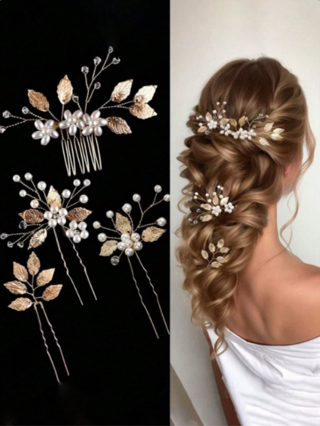 4pcs Bride Wedding Headdress Hand-Woven Gold Alloy Faux Pearl Flower Hairpin Festival Party Wedding Dress Jewelry Accessories,Summer,Beach