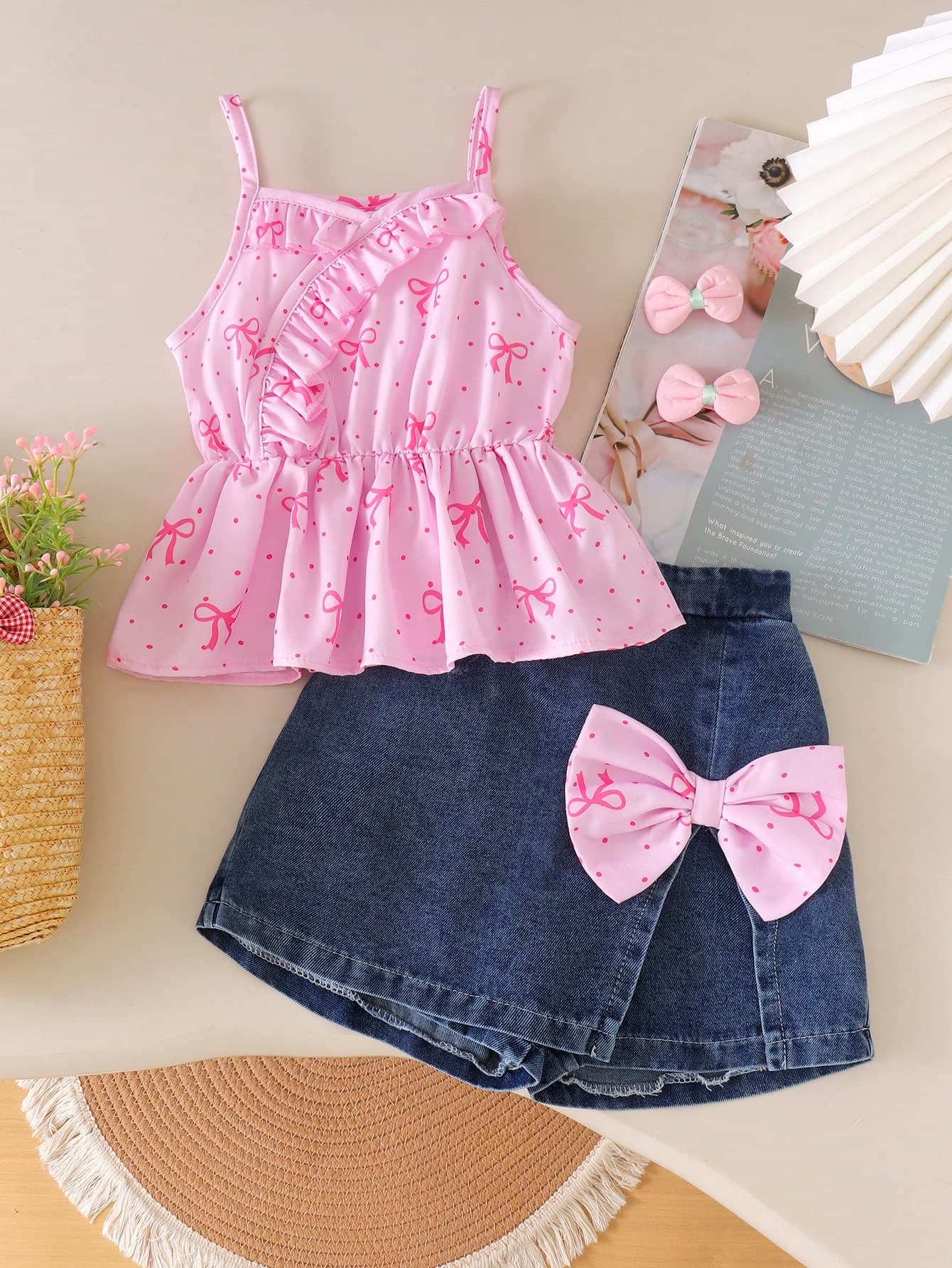 2pcs/Set Toddler Girls' Cute & Sweet Colorful Ruffle Trim Camisole Top + Denim Skirt Shorts Set, Lightweight Summer Outfit For Beach & Holiday