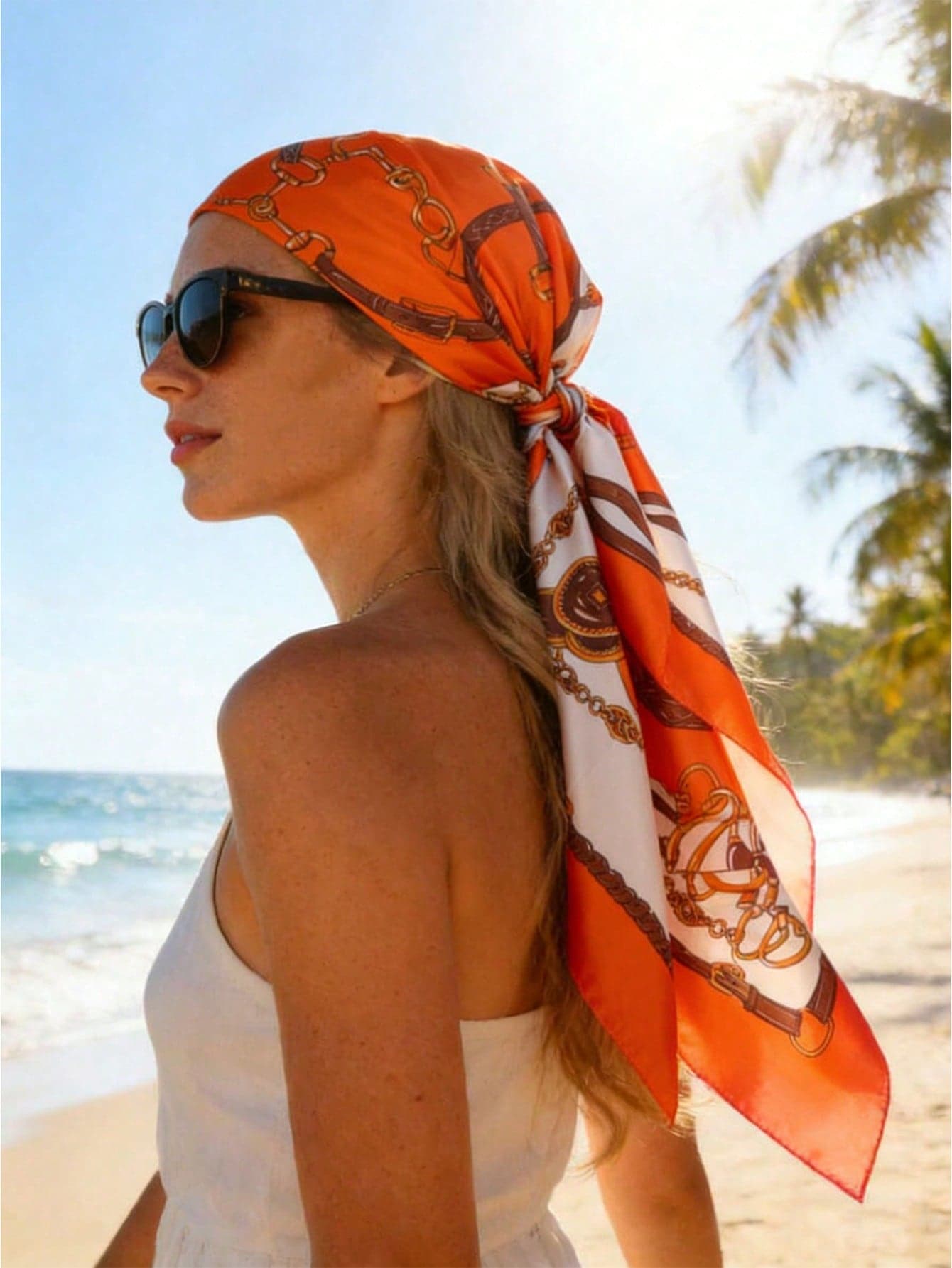 1pc Women's Luxury Vintage Chain Pattern Silk Scarf: Decorated With Exquisite Tassels, Satin Texture