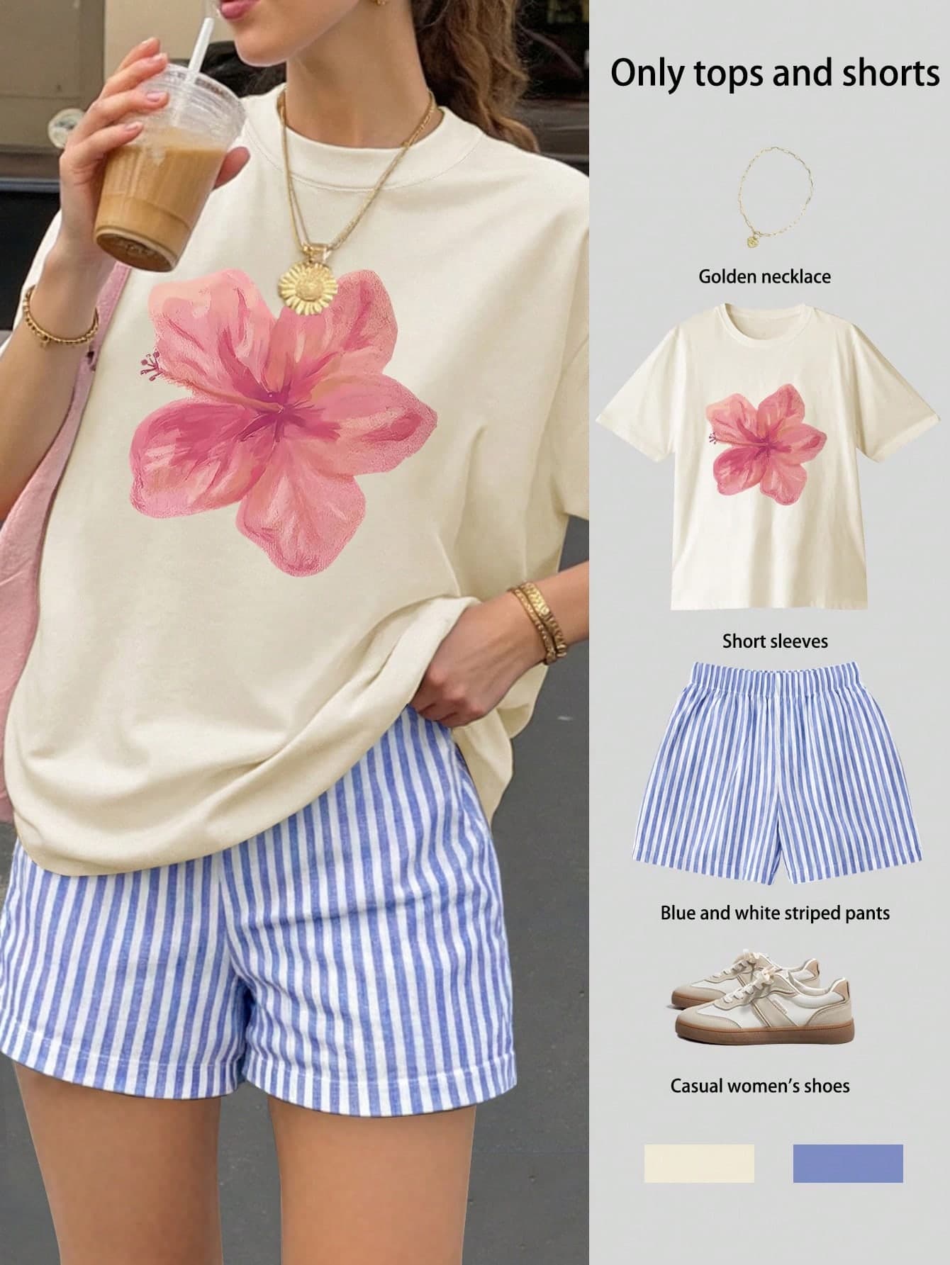 Women's Ditsy Floral Loose Short Sleeve Top And Striped Shorts Set, Women's Summer Casual Two Pieces Outfit, Mexico, Canada, Hawaii, Summer Outfits For Women, , Women's Clothing, Going Out Tops, Preppy Style