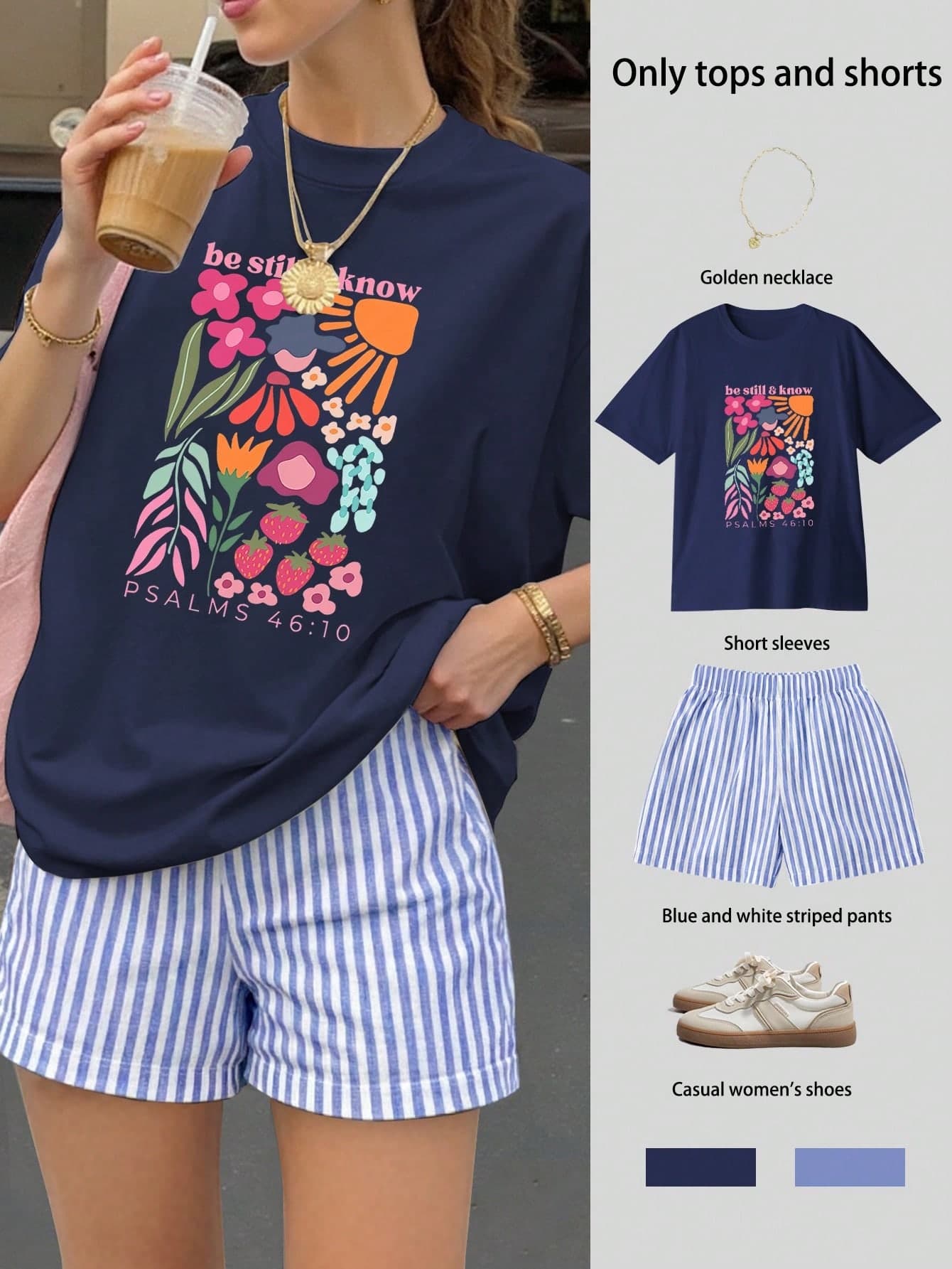 Be Stil & Know Print Women's Loose Short Sleeve Top & Striped Shorts Set, Summer Top, Casual Women's Clothing, Vacation Outfit, Travel Wear, Beach Style, Minimalist Vacation Style, Summer Clothes, Women's June Celebration Clothing, Women Saint John Outfits, Preppy Style