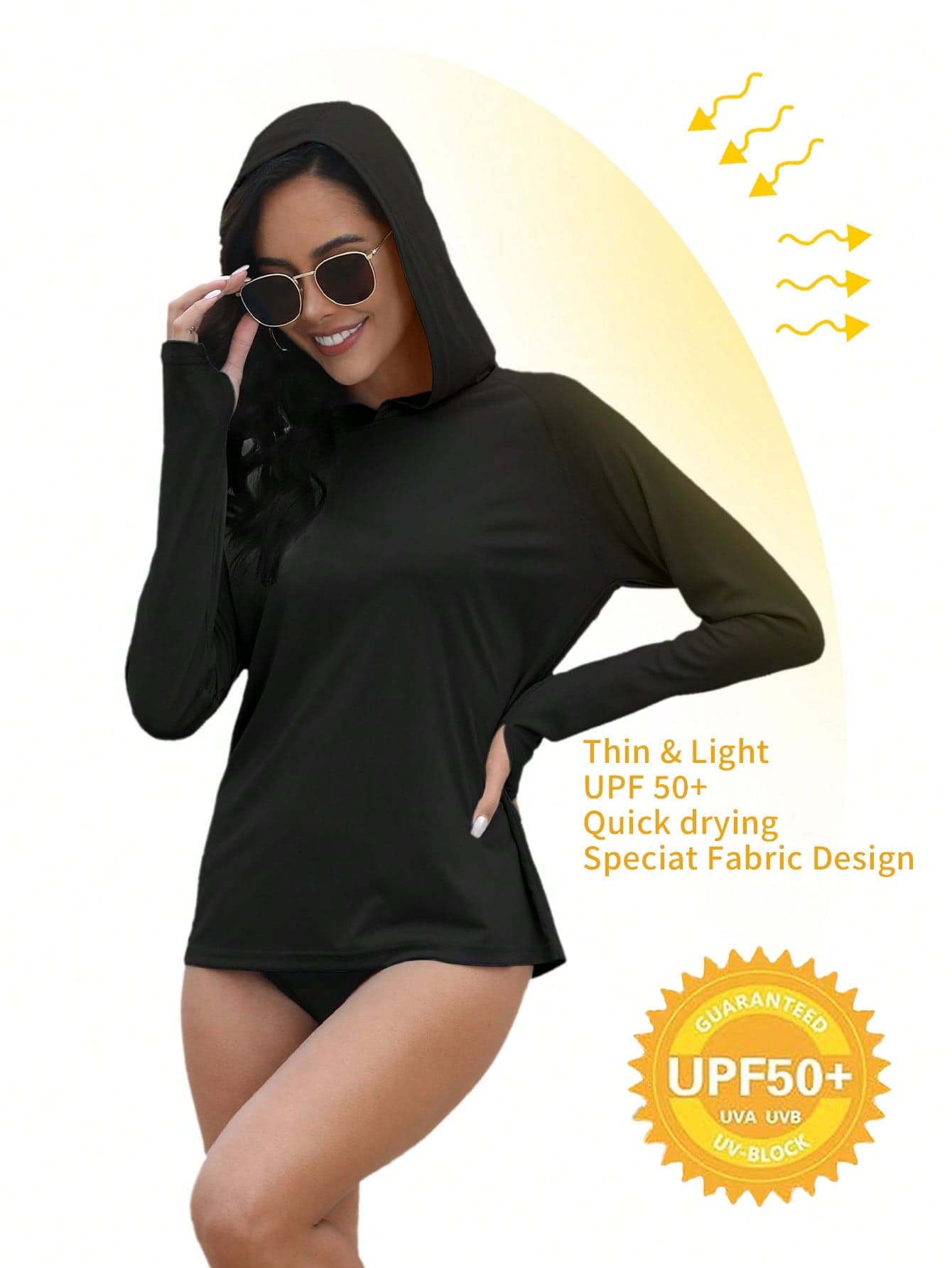 Women's UPF 50+ UV Protection Hooded Long Sleeve Shirt With Thumbholes, Lightweight Performance Outdoor Sports For Running, Workout, Hiking, Fishing Black Spring