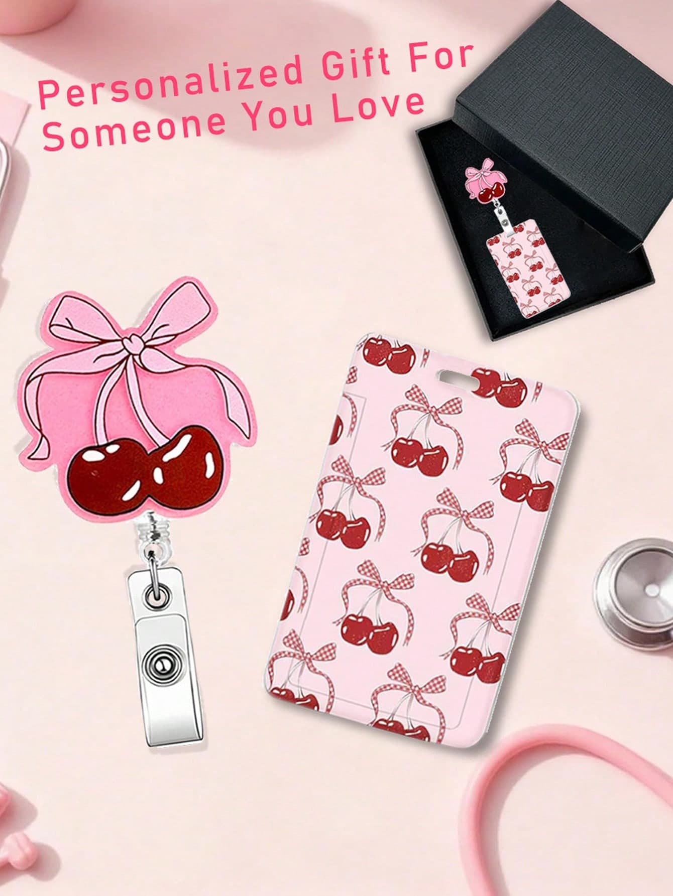 Pink Cherry Blossom Bow Pattern Business Card Holder With Expandable Badge Clip, ID Name Tag, Worker Badge, Carabiner Clip, Pink Expandable Badge Reel And Detachable Lanyard Key Clip, Vertical Card Protector For Doctors, Nurses, Teachers, Female Students And Office Professionals, Valentine's Day Gift, Birthday Gift, Wedding Accessory, Teacher's Day, Nurse's Day Gift, Back To School, Mother And Grandmother Birthday, Women, Friends, Bride Souvenir, Easter