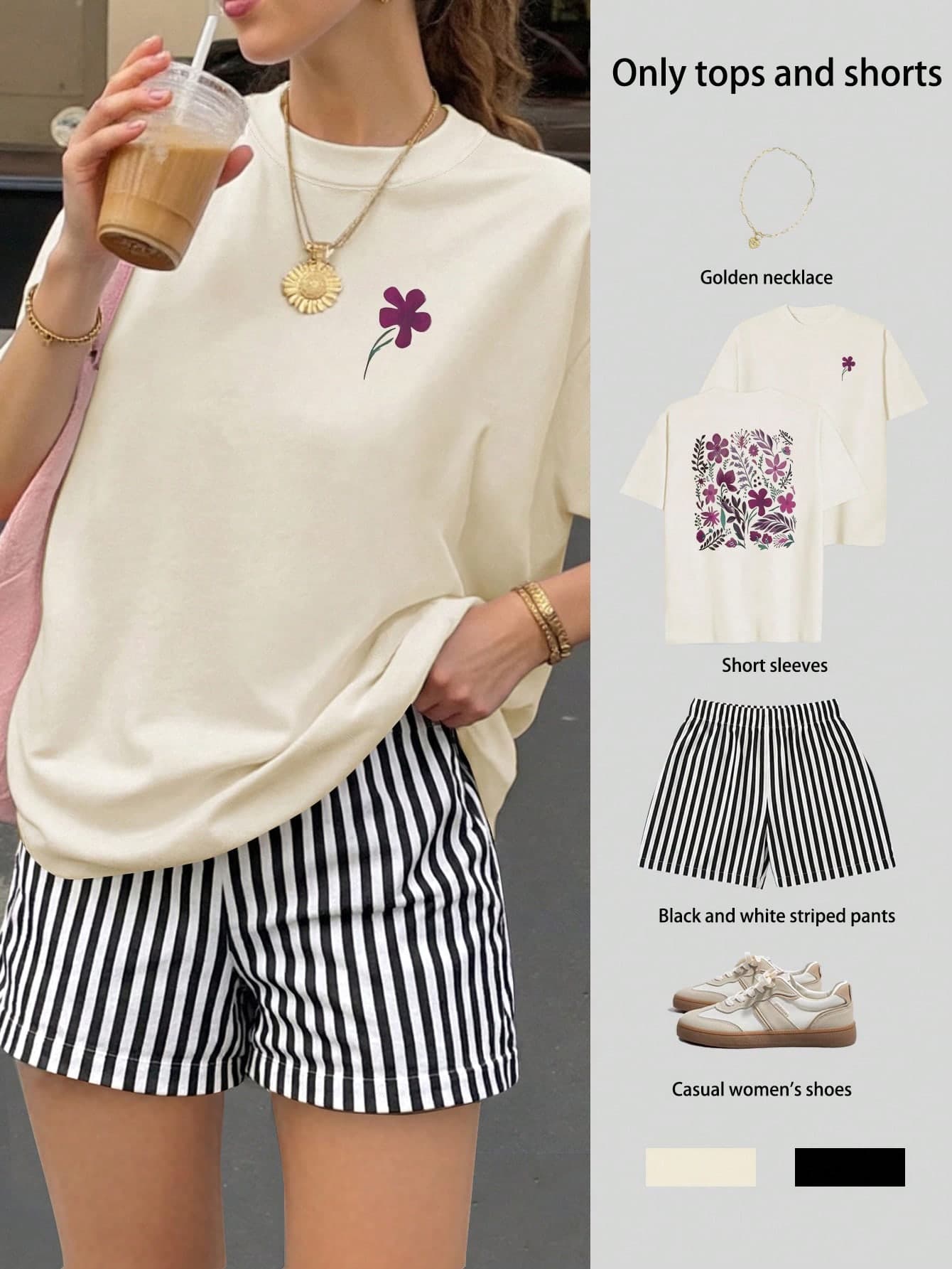 Floral Print Women Loose Short Sleeve Top And Striped Shorts Set, Women's Suit, Leopard, Polka Dot, Plaid, Elegant, Sporty, Party, Gym, Summer, June Festival, Women's Apricot Outfit, Apricot Top, Women's Beach Outfit, Women's Casual Set