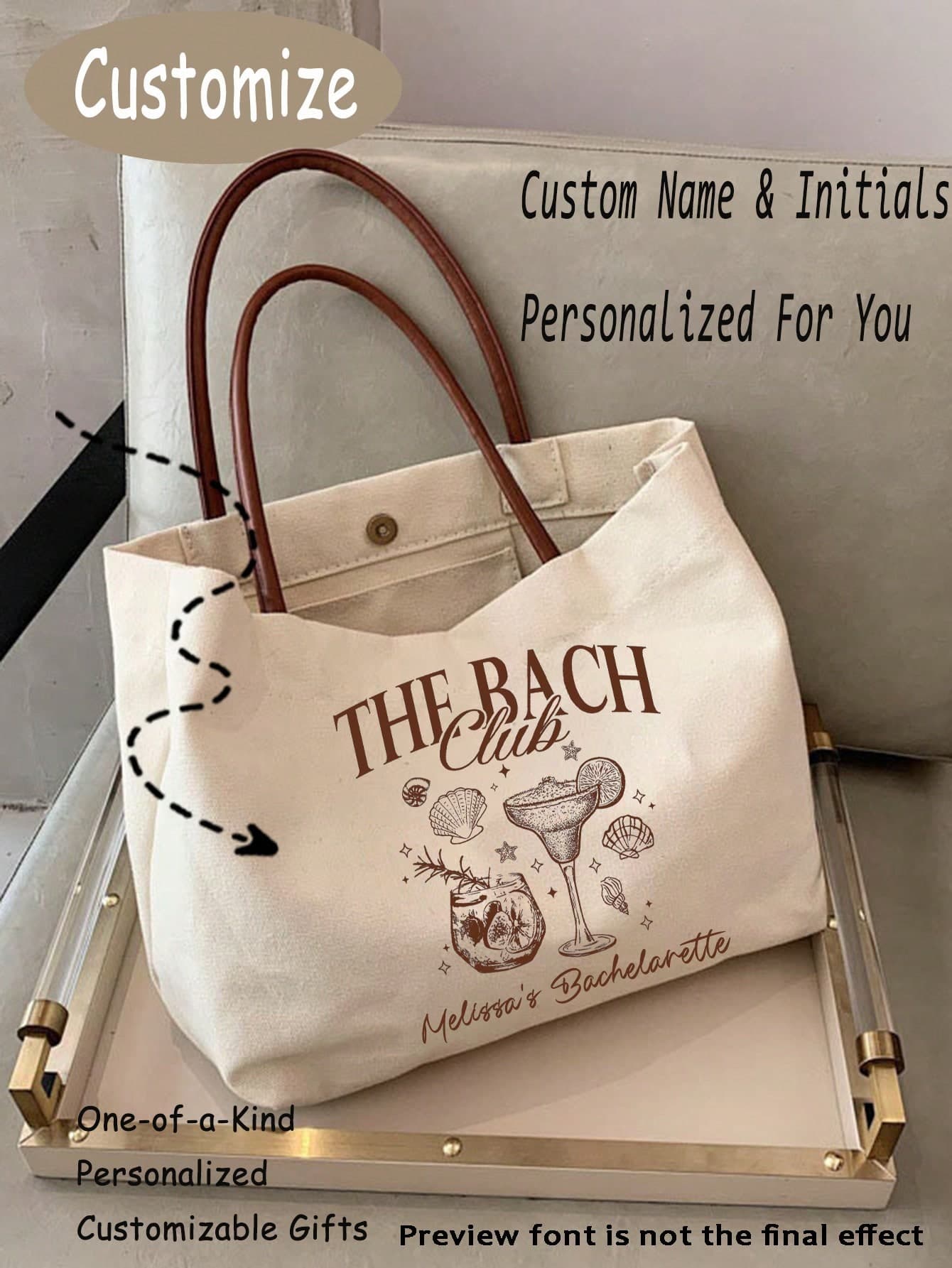 Customized Bridesmaid Beach Tote Bag - Personalized Canvas Tote Bag, Can Print Name, Perfect For Weddings, Bridal Parties And Travel - Ivory, Ideal Personalized Gift For Halloween, Christmas, Thanksgiving, New Year, Valentine's Day And Other Holidays. This Women's Tote Bag Is Versatile, Spacious And Multi-Functional, Suitable For Commuting, Business Casual, Daily Casual And Various Occasions