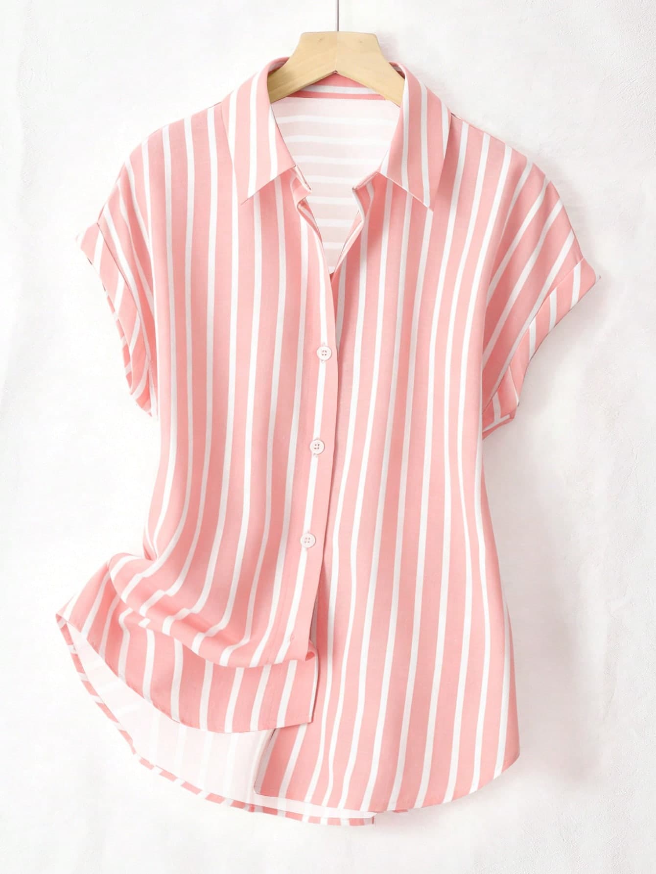 Summer Fashion Striped Single-Breasted Drop Shoulder Short Sleeve Shirt, Polyester Contrast Color Front Button Closure, Short Front Long Back, Coastal