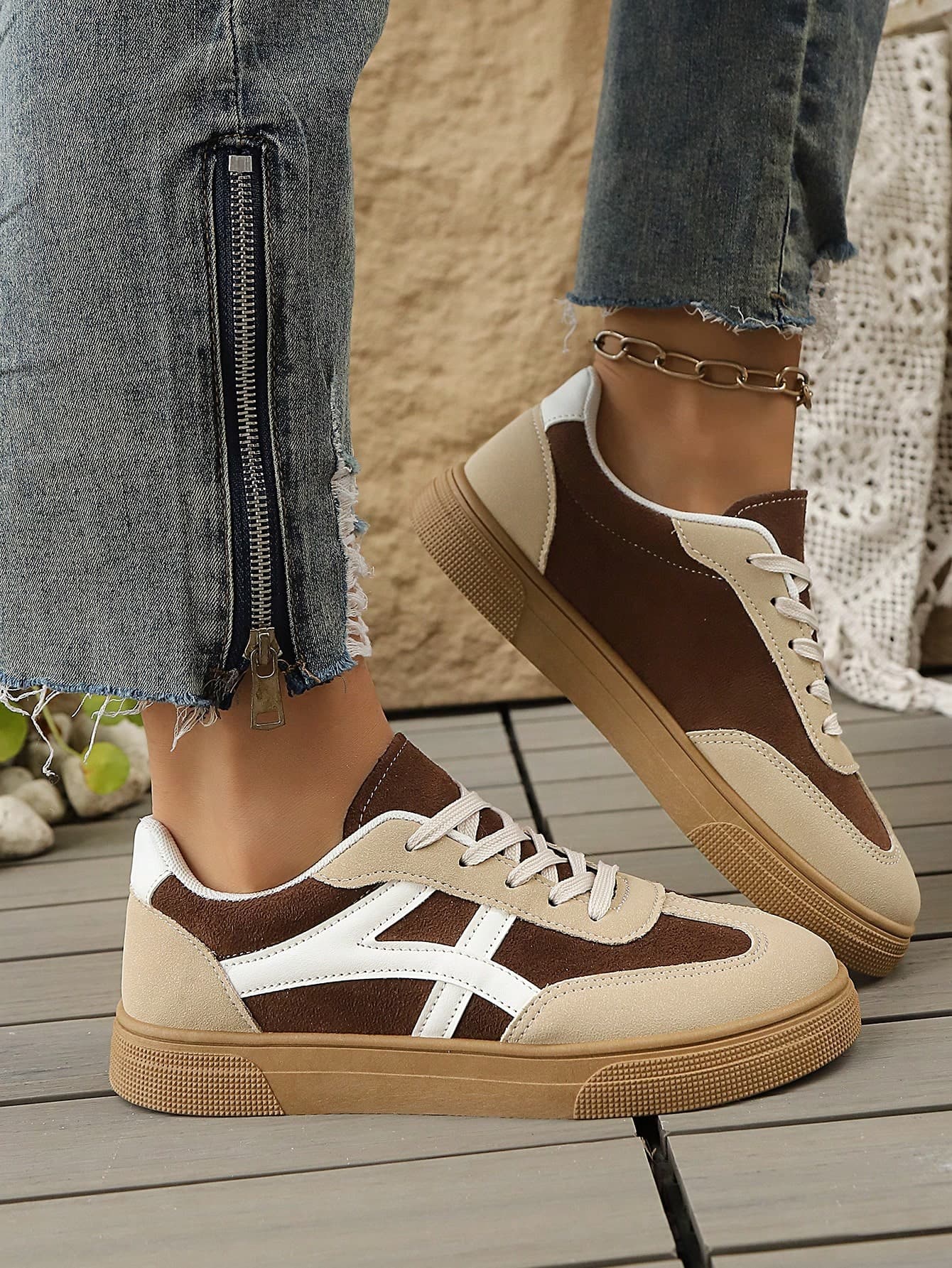 Women's Lace-Up Skate Shoes, Sporty Hiking Outdoor Skateboarding Shoes, Versatile Casual Sneakers