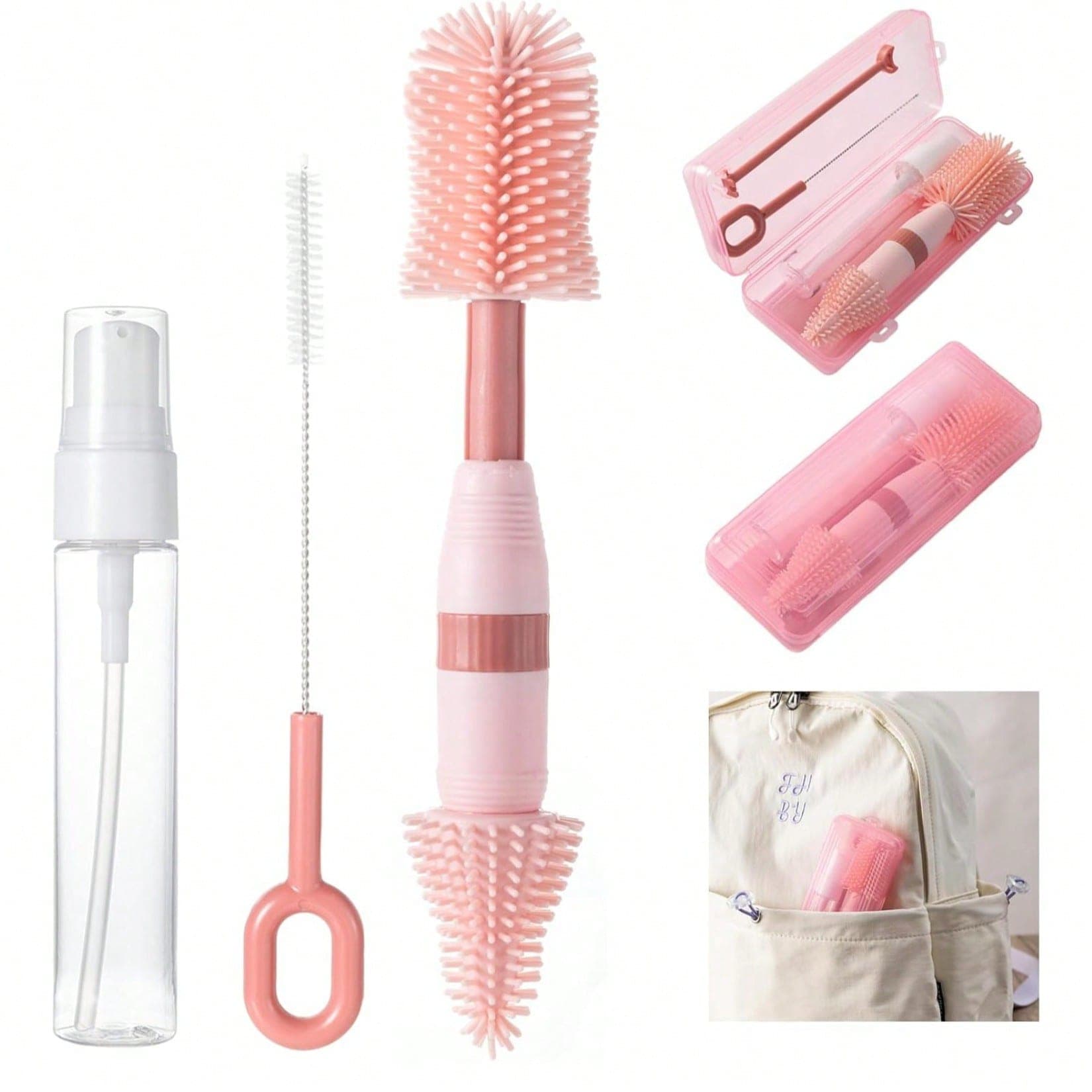 6pcs Travel Silicone Bottle Brush Set, Portable Silicone Bottle Brush Set With Storage Box, Travel Bottle Cleaning Brush, Suitable For Anti-Colic Baby Bottles, Includes Bottle Brush, Nipple Brush, Straw Brush, Spray Bottle, Bottle Rack, Bottle Cleaning Set - Great For Home And Outdoor Use