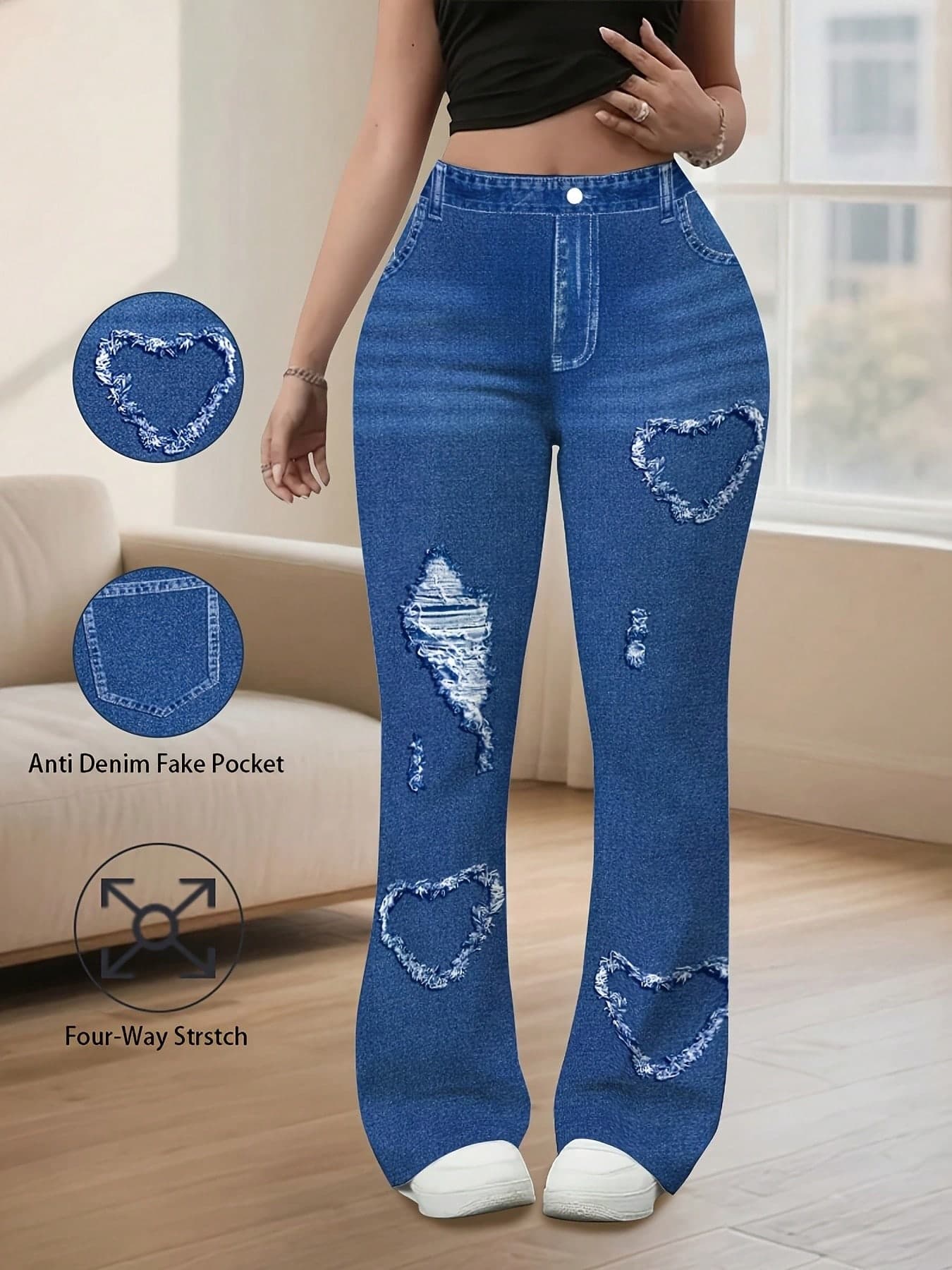 Plus Size Women's Medium Stretch Denim Effect Flare Pants, With Cat Whiskers, Fake Pockets, And Faux Distressed Heart Effect, Casual Trousers Vacation