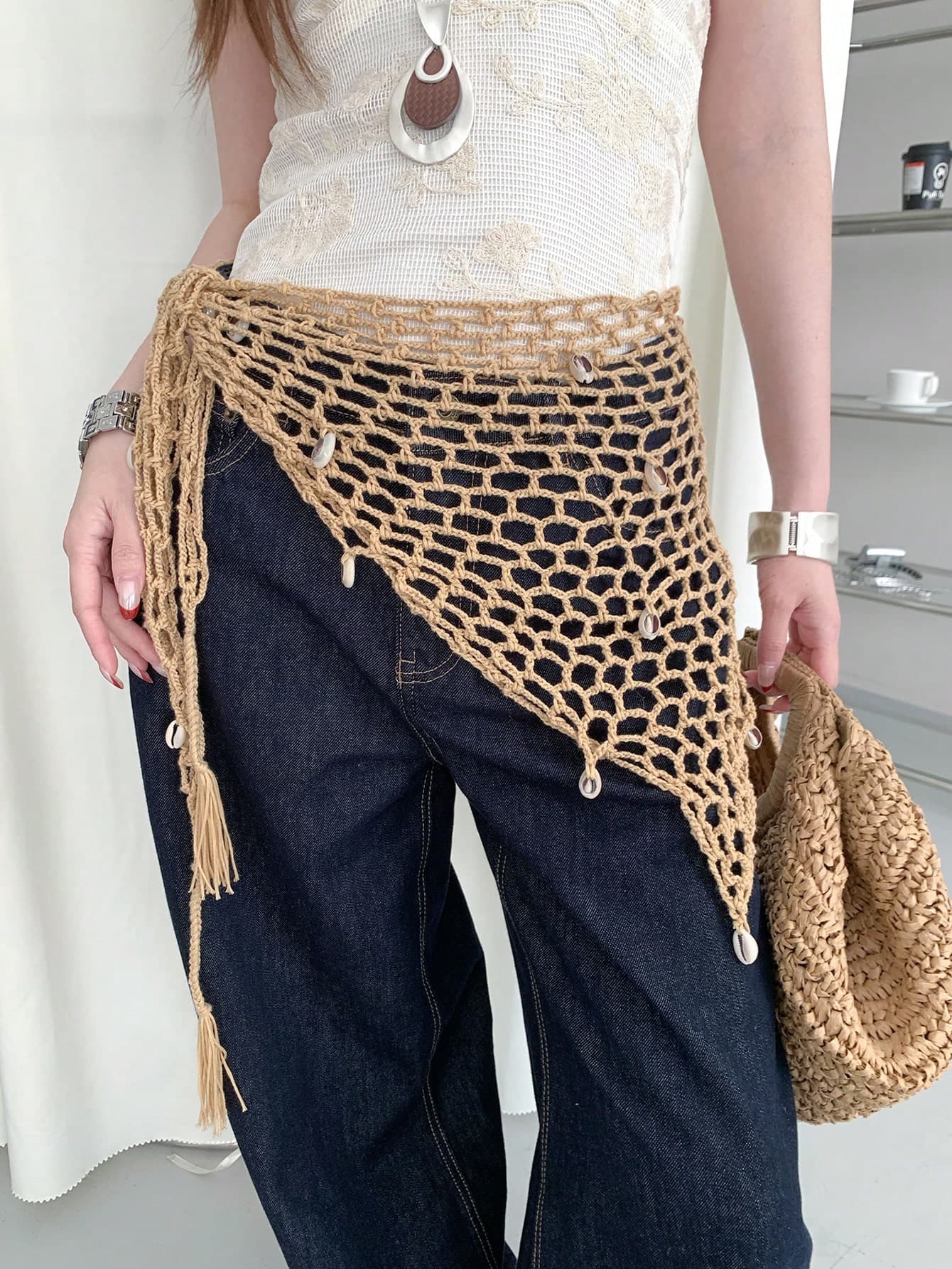 1pc Khaki Polyester Material Women's Bohemian Hollow Woven Belt