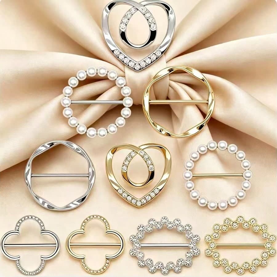 10pcs/Set Women's Faux Pearl & Rhinestone Scarf Rings, T-Shirt Clips & Belt Buckles