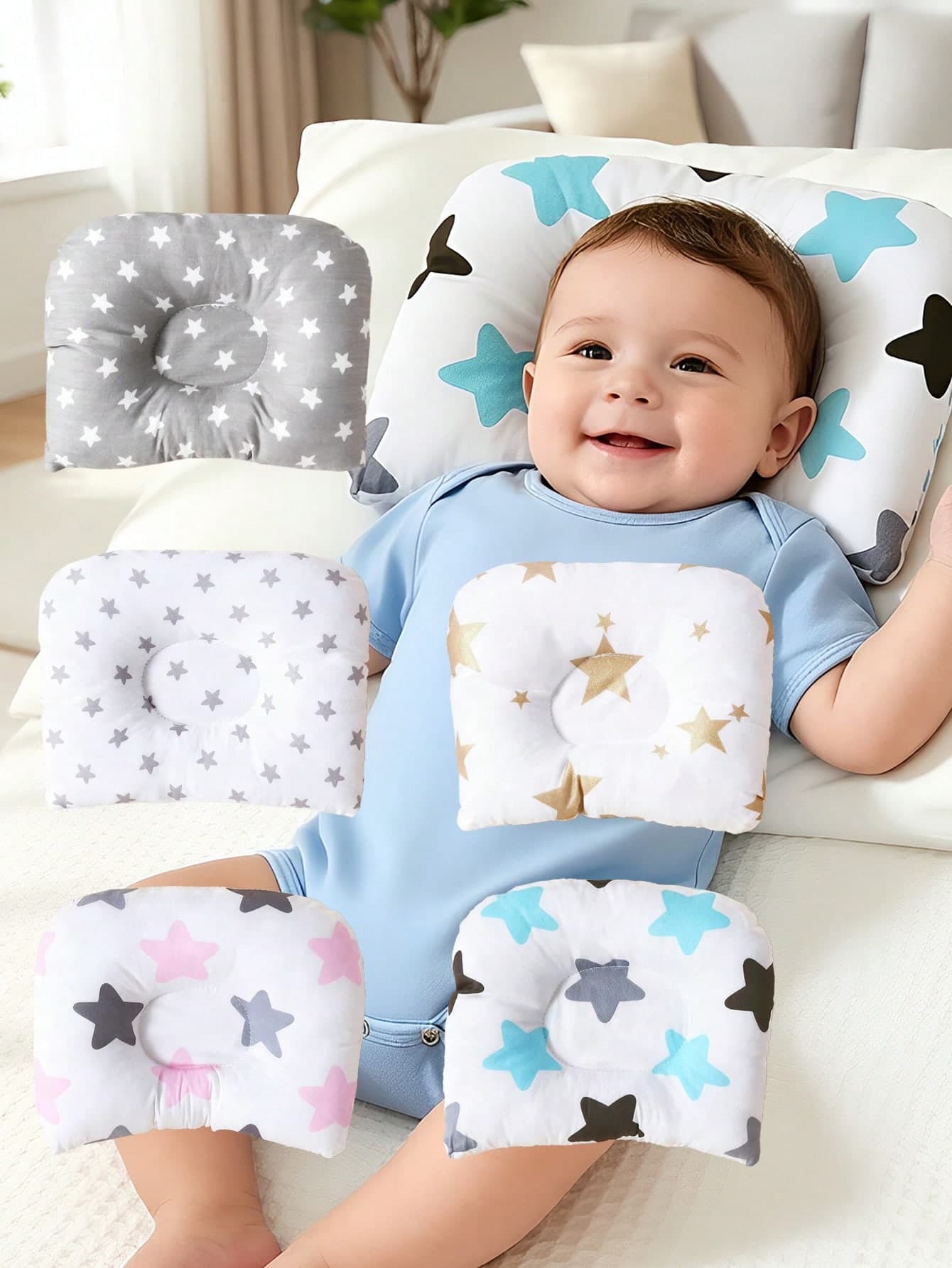 momscare 1pc Baby Pillow, Star Pattern Series - Soft & Comfortable, Suitable For Newborns (0-6 Months)