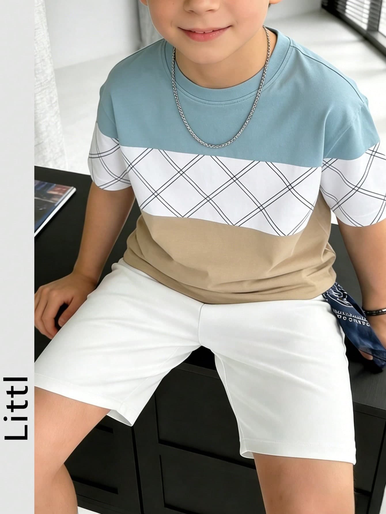 Toddler Boy Color Block Diamond Print Short Sleeve Crew Neck Casual T-Shirt, Children Color Block Plaid Stripe Summer Top