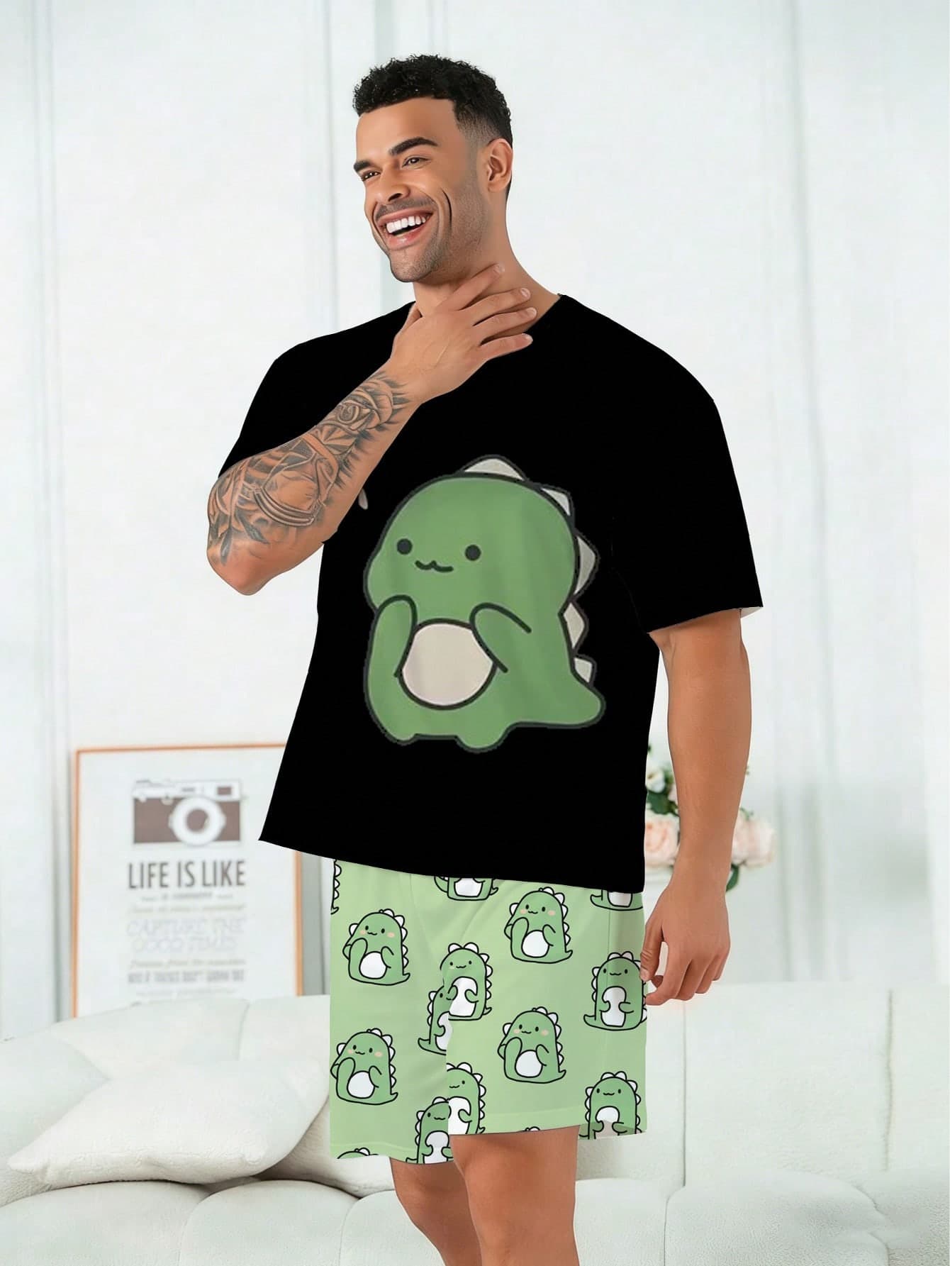 Plus Size Men's Pajama Set | Round Neck Short Sleeve Top And Elastic Waist Casual Shorts 2 Piece Set | Polyester Knit Fabric Soft And Breathable Loose Fit | Cute Funny Cartoon Dinosaur Print Casual Design