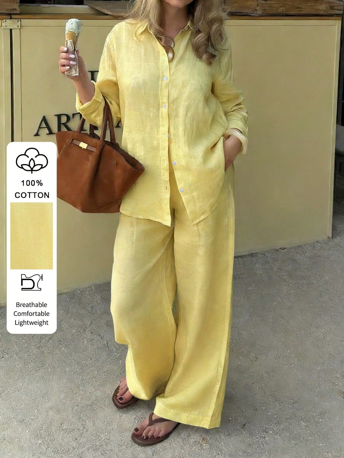 PoPoHouse Women's Fall Two Pieces - Cotton Solid Color Casual Long Sleeve Lapel Shirt Tops And Loose Wide-Leg Pants Suit For Going Out Back To School