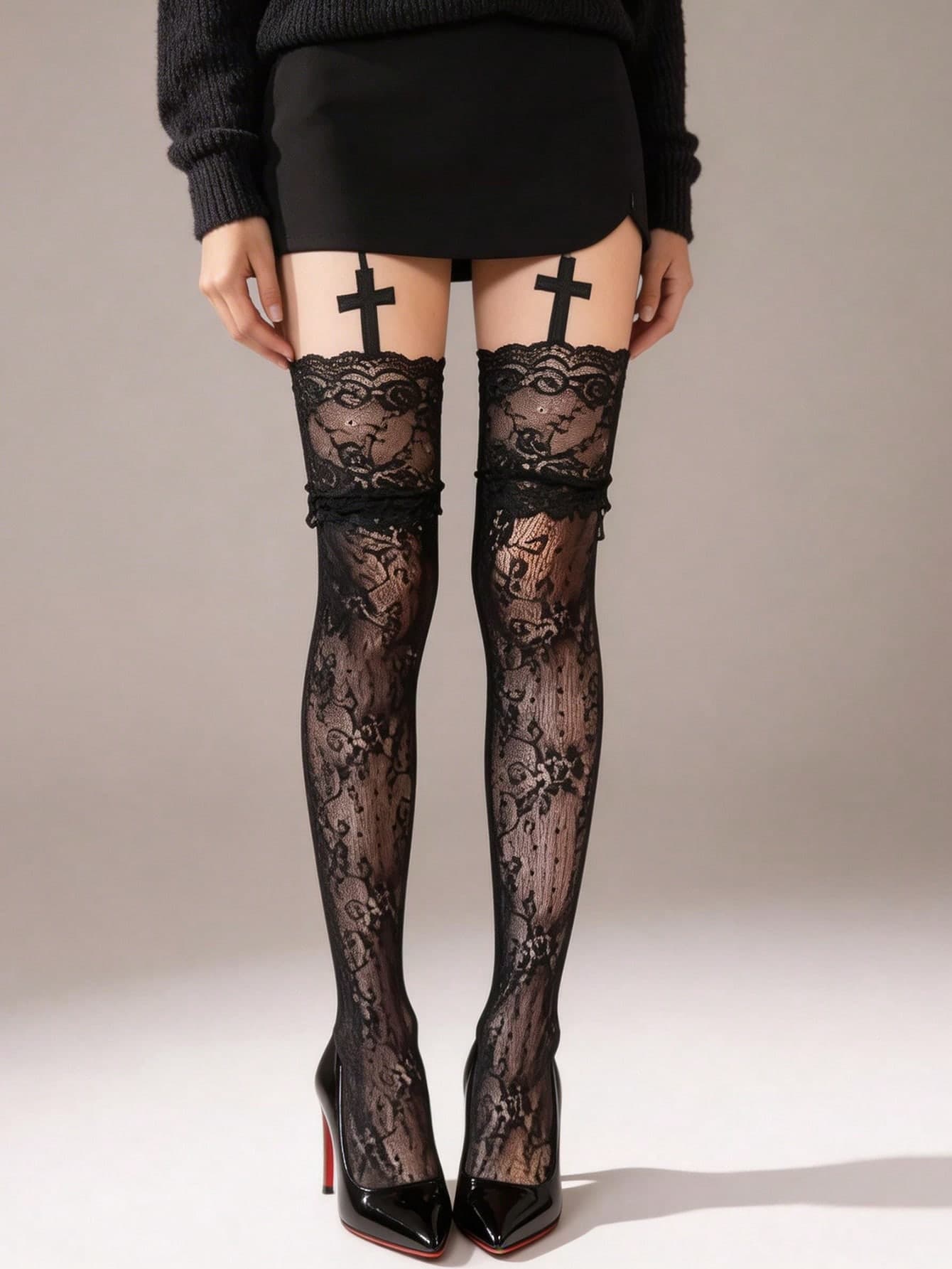 1pc Black Floral Lace Thigh High Socks With Cross Decor, High Elasticity & Breathable, Gothic Lolita Sweet & Avant-Garde Style, Suitable For Lolita Tea Party Cosplay And Daily Wear