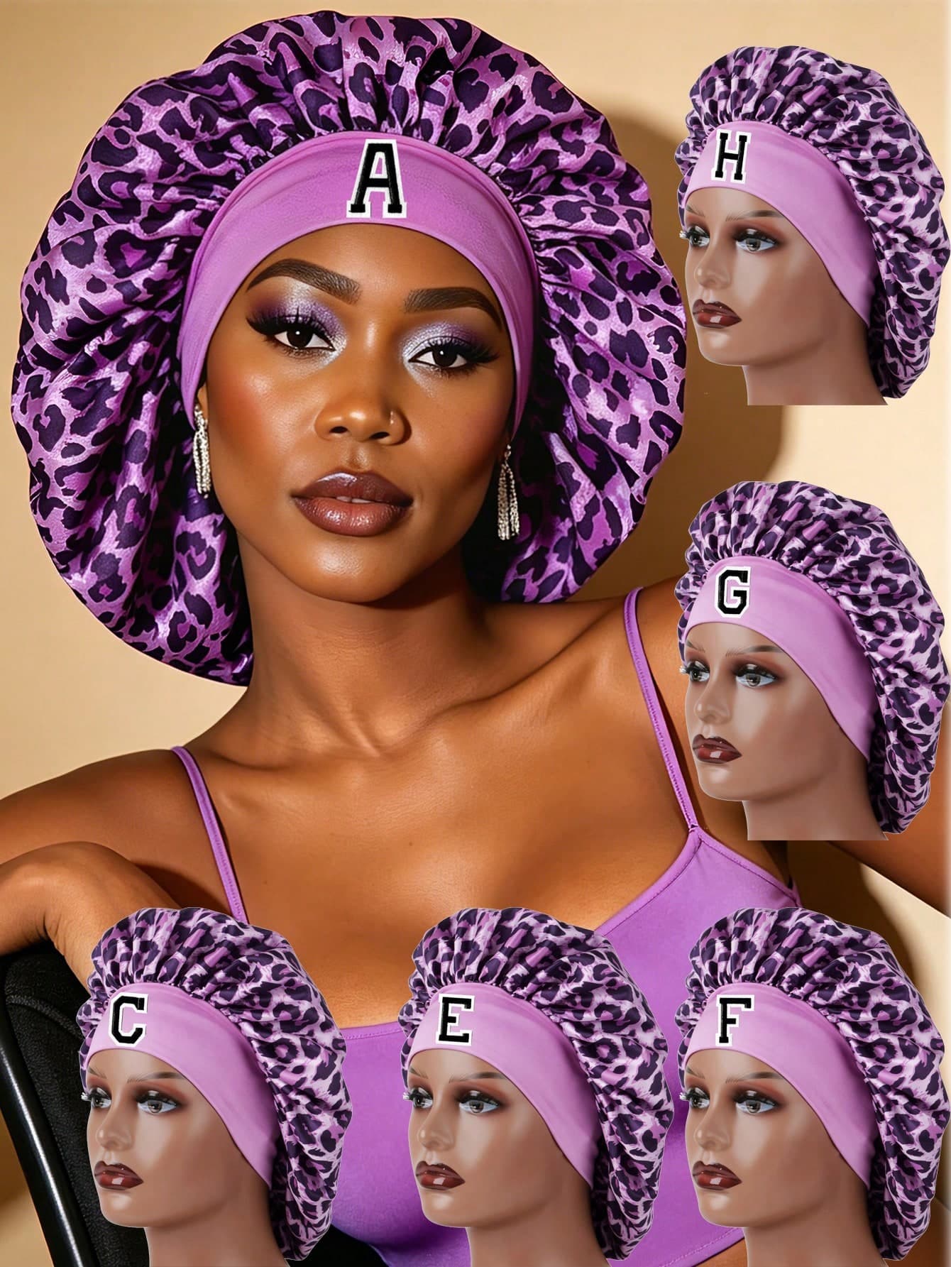 1pc A-Z Letter Y2K Purple Leopard Print Satin Initial Sleep Cap, Shiny Hair Cover, Home & Outdoor Hair Care Sleeping Hat,Beach,Travel