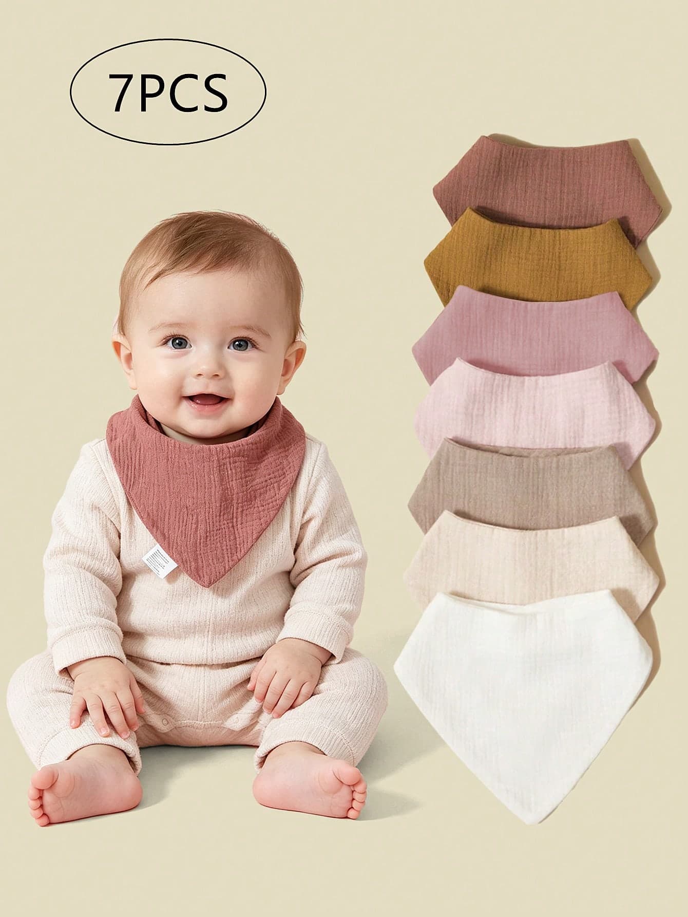 7pcs/Set Pure Cotton Soft Breathable Muslin Baby Bibs, Drool Bandana, Suitable For Newborn Girls And Boys, Essential For Teething And Drooling