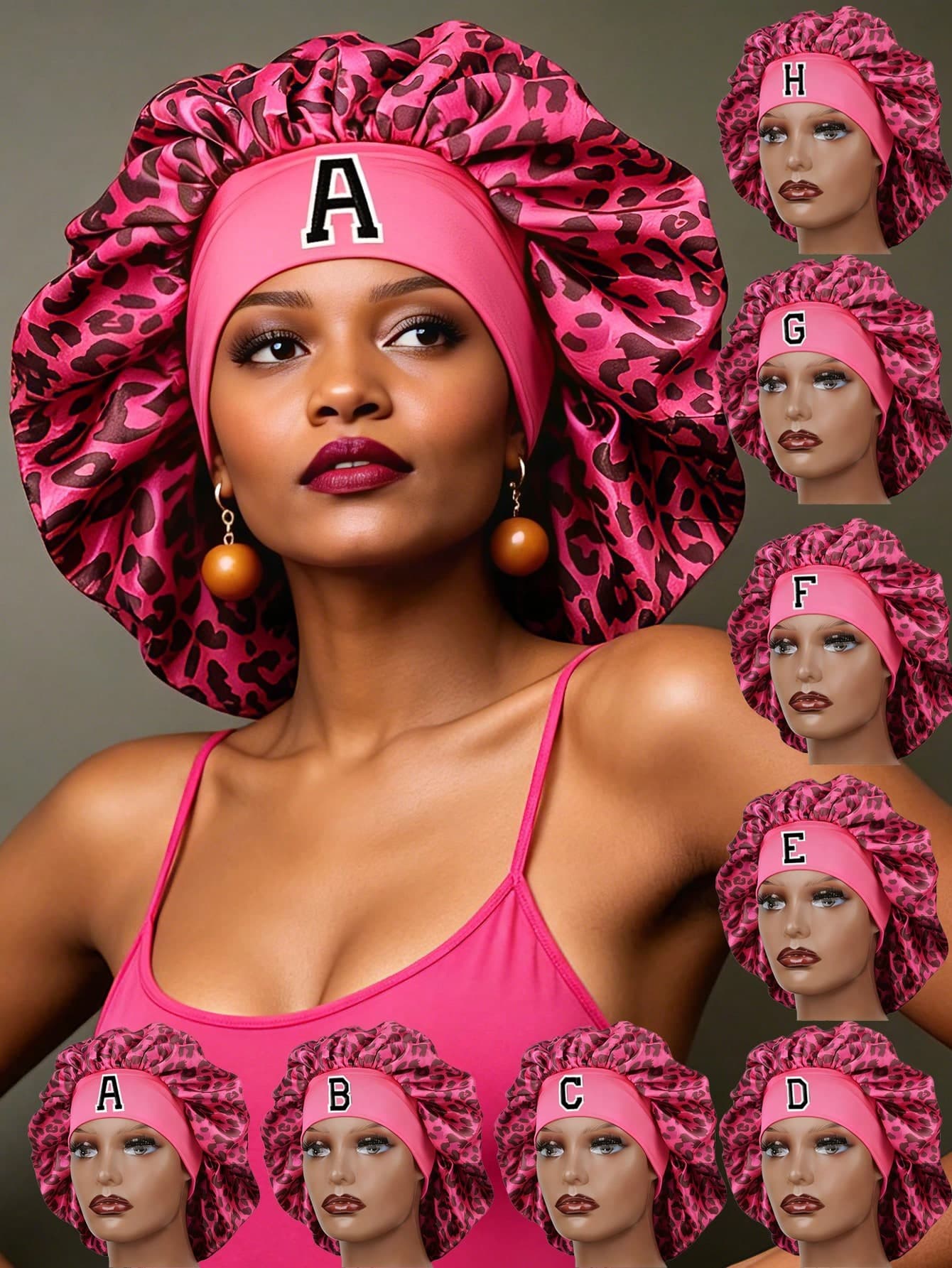1pc A-Z Letter Hot Pink Leopard Print Satin Sleep Cap, Sleep Hat, Hair Care Headwrap, Elastic Wide Band Silky Sleep Hat, Daily Hair Care Use