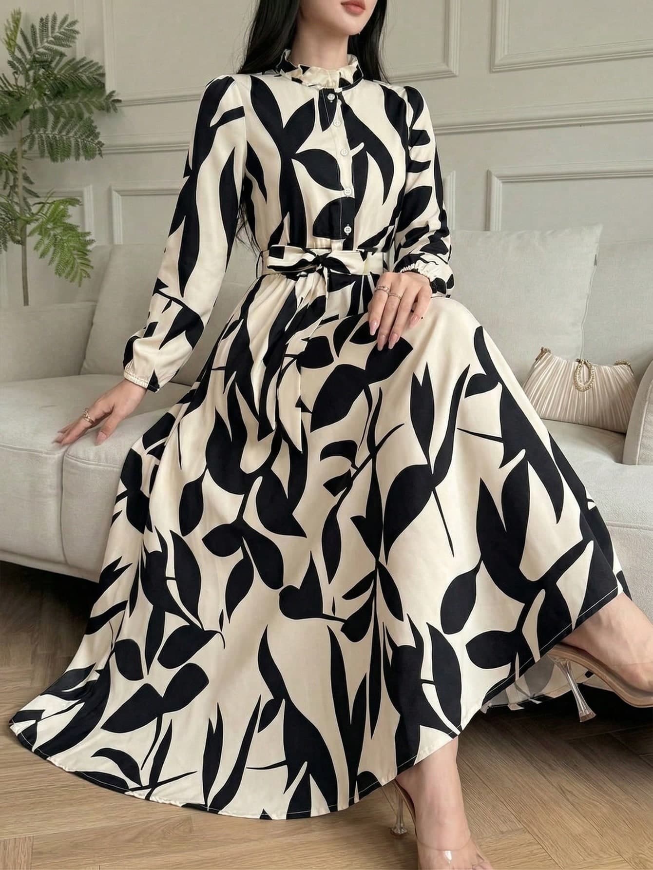 Elegant Black & White Leaf Print Collared Long Sleeve Shirt Dress - Women's Spring/Summer Button Waist A-Line Fitted Dress, Fashionable Vacation
