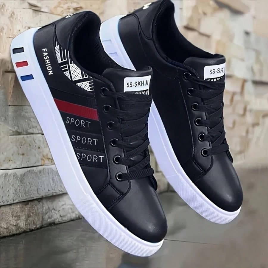Men's Striped Design Lace-Up Skate Shoes - PU Leather Upper, Breathable Fabric Lining, Fabric Insole, Anti-Slip PVC Outsole, Round Toe, Suitable For Outdoor Casual Wear In Autumn, Spring, Summer And Winter