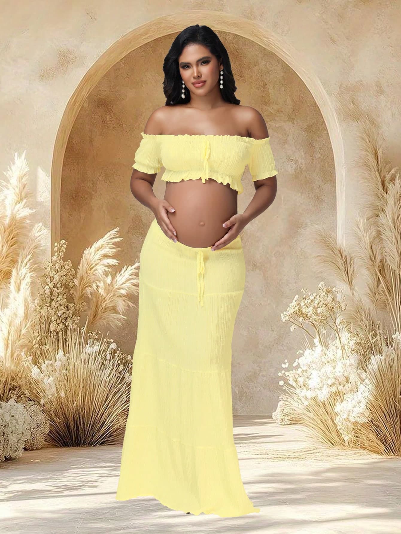 JustVH 2pcs Maternity Off-Shoulder Ruffle Hem Crop Top And Flowing Maxi Skirt Set, Suitable For Photography And Beach Wear Spring Yellow