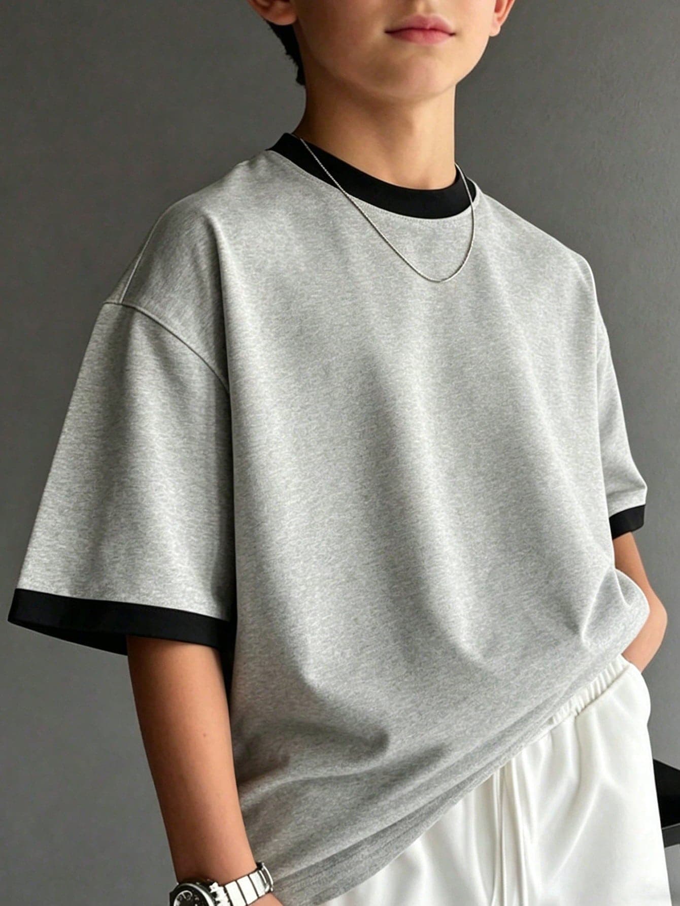 Boys' Casual Contrast Color Short Sleeve T-Shirt, Streetwear Style Loose Fit Top