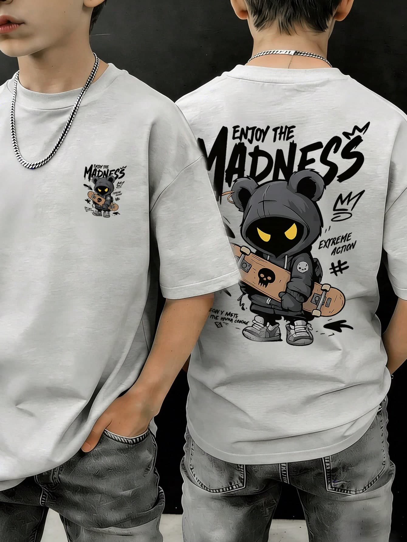 Boys' Summer Casual "Enjoy The Madness" Skateboard Bear Graphic Print Round Neck Short Sleeve T-Shirt, Children Street Fashion Loose Daily Wear Tee