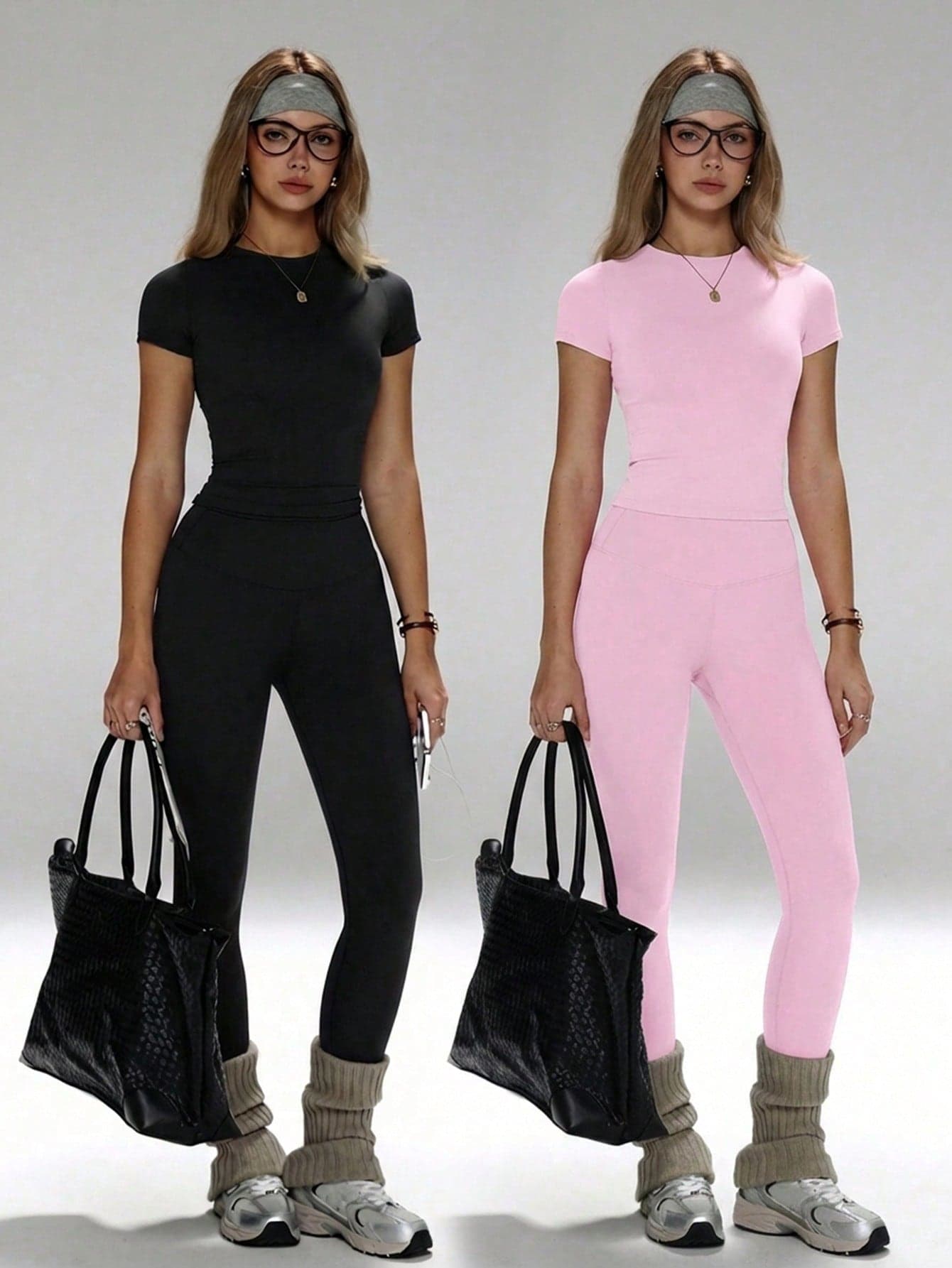FWH Flattering Fit, Versatile Wear, Lift & Tuck Design, Suitable For Yoga, Fitness Or Casual, Women's Yoga Set, High-Waist Sports Pants Set, Slim-Fit 2-Piece Activewear Set, Tummy Control Yoga Outfit, Slim Fit Crew Neck T-Shirt Paired With High-Waist Yoga Pants, Essential 2-Piece Set For Women
