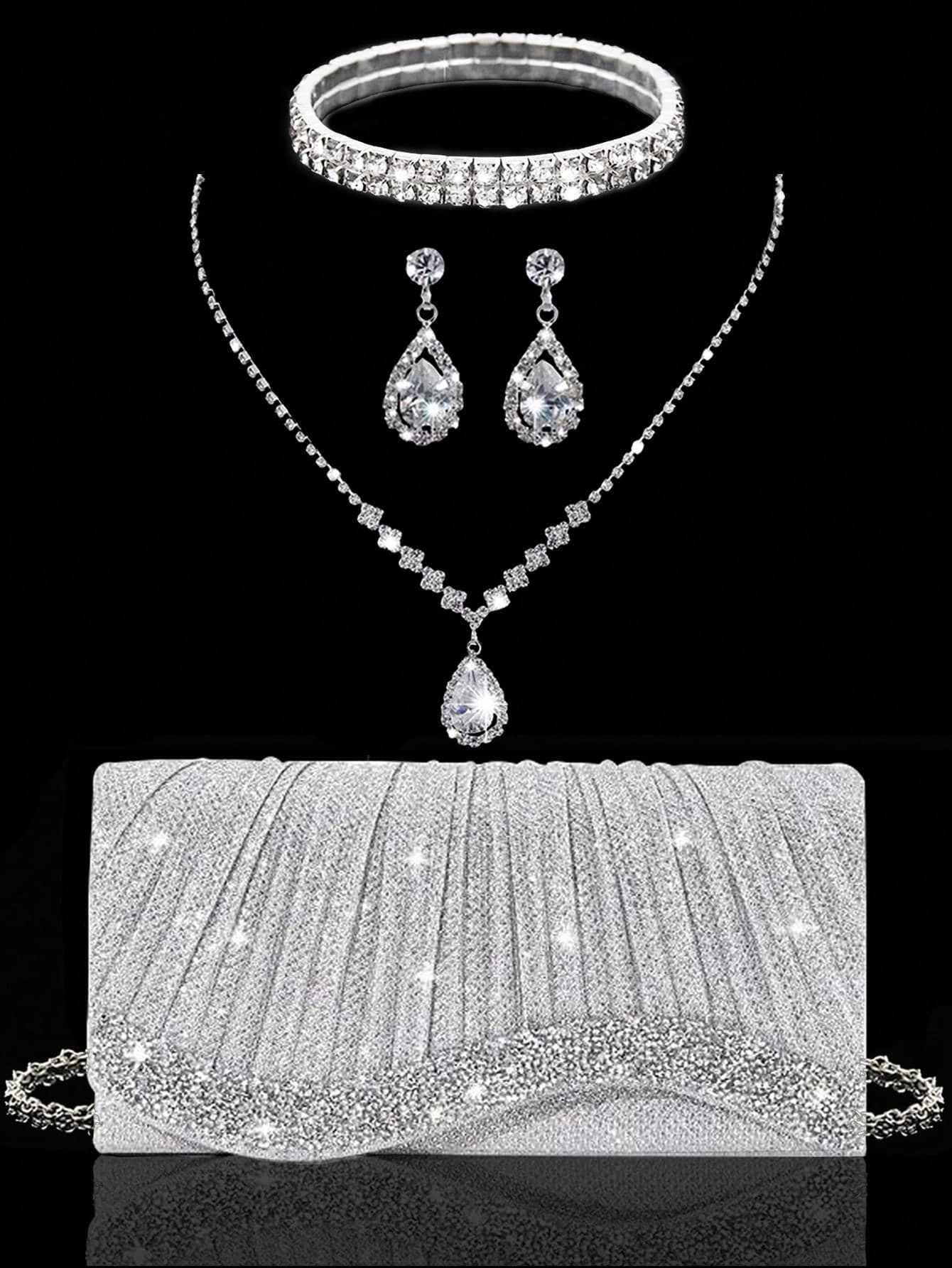 New Crystal Evening Clutch, Sparkling Women's Handbag, Women's Party Bag, Luxury Envelope Bag, Wedding Bride Gift, Comes With Sparkling Rhinestone Jewelry 3 Pieces Set, Perfect Match For Sparkling Evening Gowns, Sequin Dresses And Party Outfits, Suitable For Parties, Evenings, Gatherings, Balls And Weddings