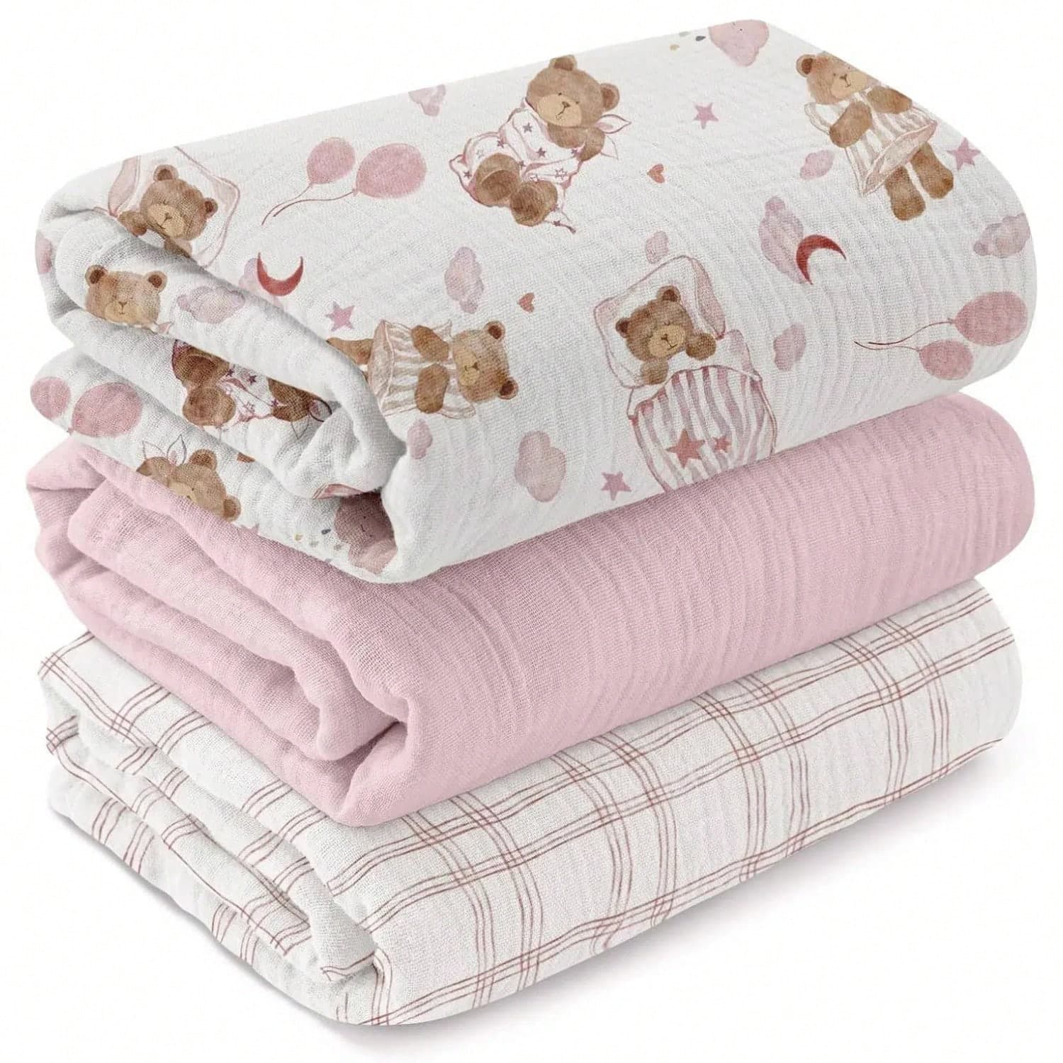 3pcs Muslin Swaddle Blankets, 100% Cotton Receiving Blankets, 47" X 40", Pink Bear Pattern, Unisex Newborn Essentials, Great Baby Shower Gift