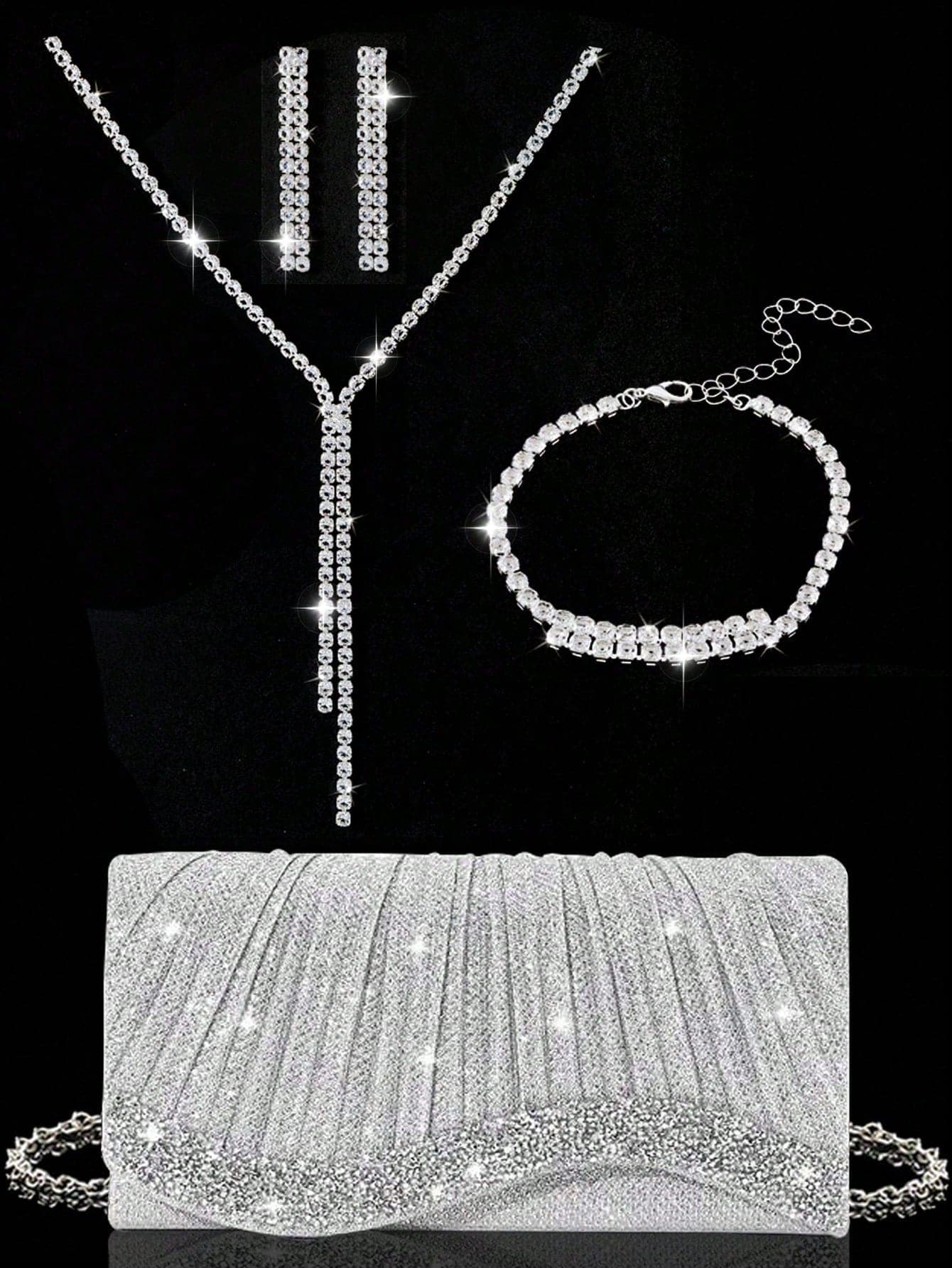 New Crystal Evening Clutch, Sparkling Women's Handbag, Women's Party Bag, Luxury Envelope Bag, Wedding Bride Gift, Comes With Sparkling Rhinestone Jewelry 3 Pieces Set, Perfect Match For Sparkling Evening Gowns, Sequin Dresses And Party Outfits, Suitable For Parties, Evenings, Gatherings, Balls And Weddings