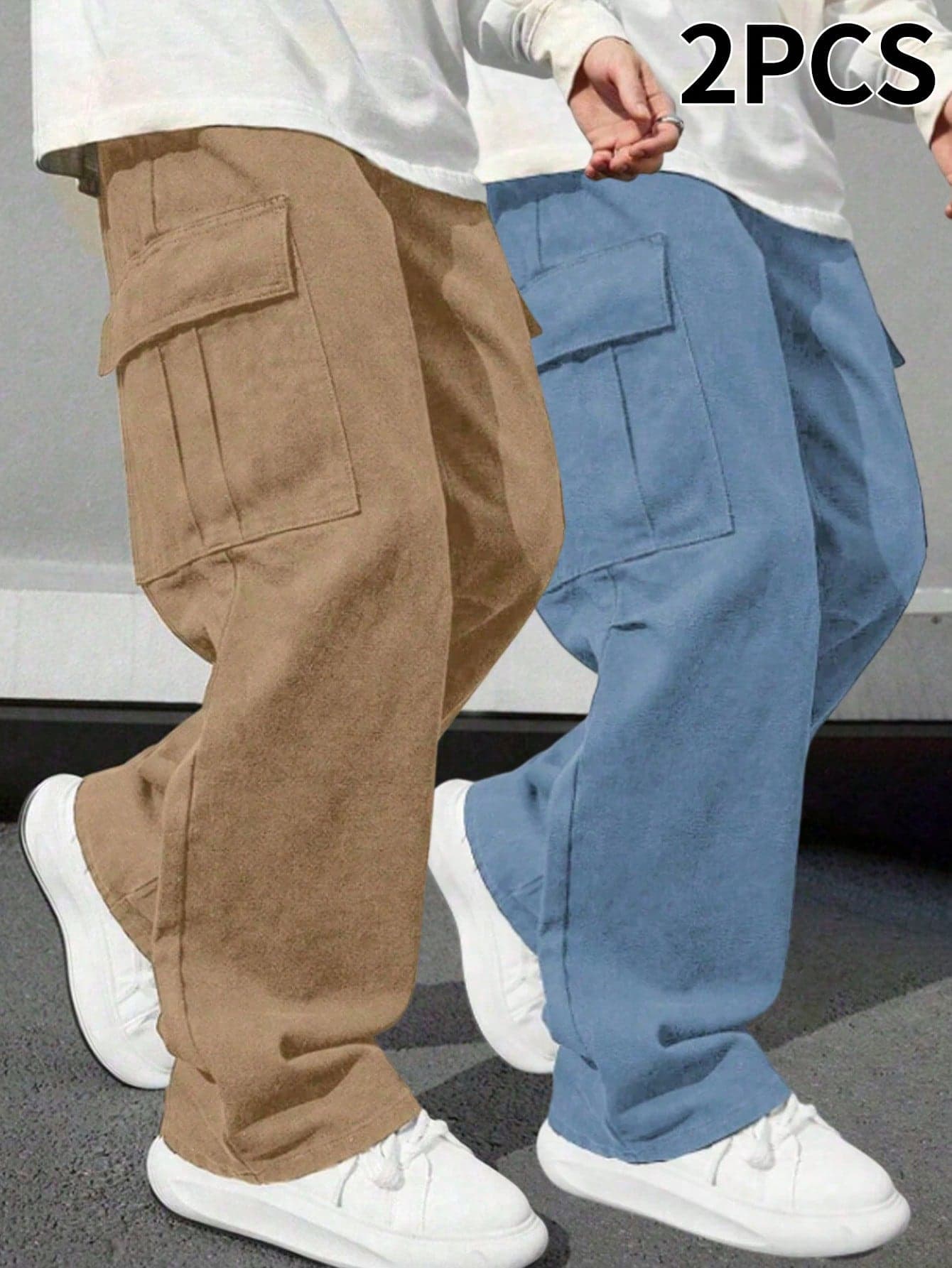 2pcs/Pack Boys/Teenagers Casual Sports Outdoor Cargo Pants, Large Pockets, Spring/Autumn Style, Lightweight Polyester Fabric
