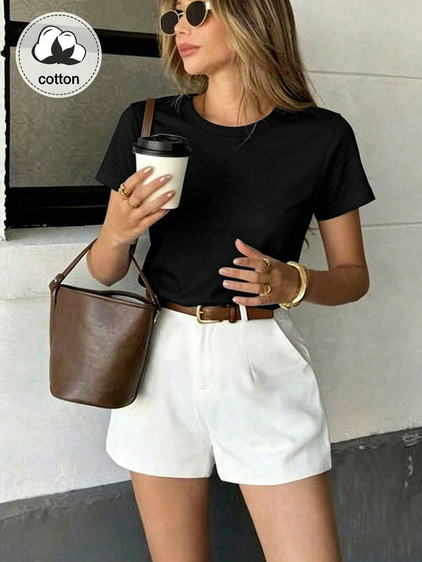 100% Cotton Women's Round Neck Short Sleeve T-Shirt, Black, Fashionable And Elegant, Spring/Summer Casual