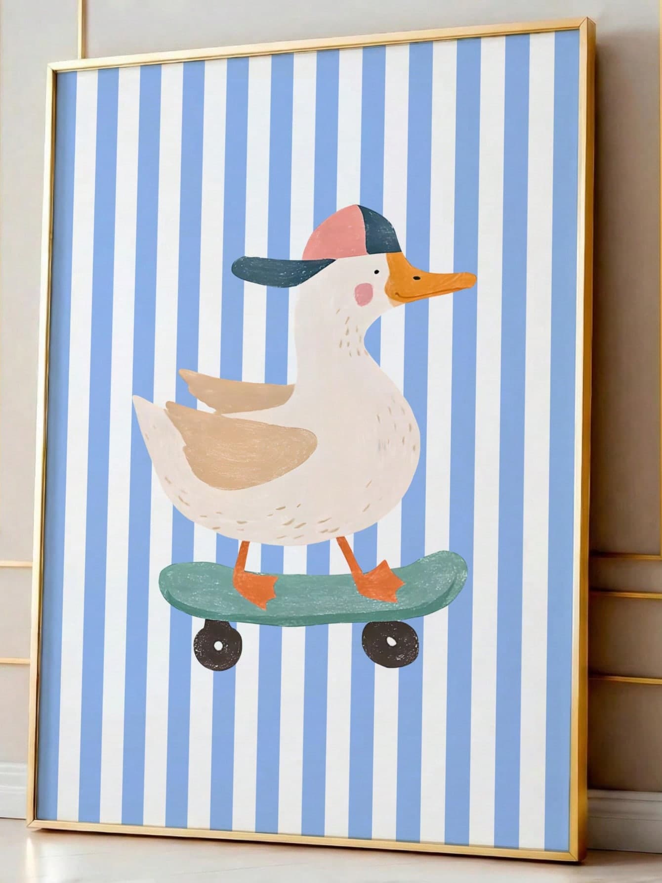 1pc Canvas Wall Art, Framed Toddler Room Decor, Skateboard Duck Wall Art, Cool Animal Poster, Perfect For Kids Room Decor, Blue Hat, Funny Duck Illustration, Suitable For Boys And Girls, Bohemian Style, Montessori Style, Animal Art, Kids Room Decor, Toddler Room Wall Art, Preschool Decor, Playroom Poster, Baby Gift, Party Decor, Newborn Gift, Mother's Day Gift, Father's Day Gift