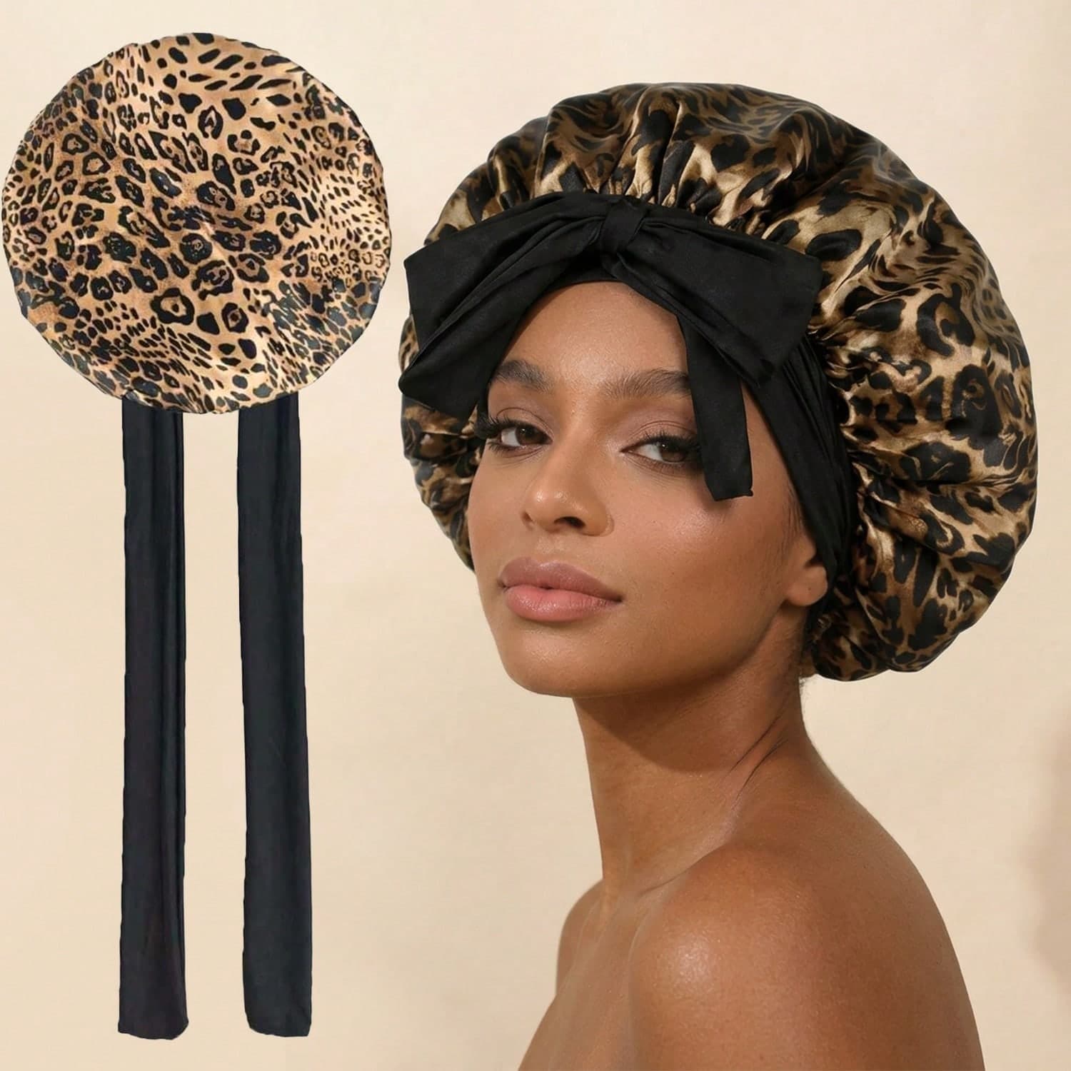 Awegeo Women's Bonnet Style Leopard Print Satin Sleep Cap, Ladies Hair Care Turban Hat, Home Sleeping Hat,Holiday,Festival