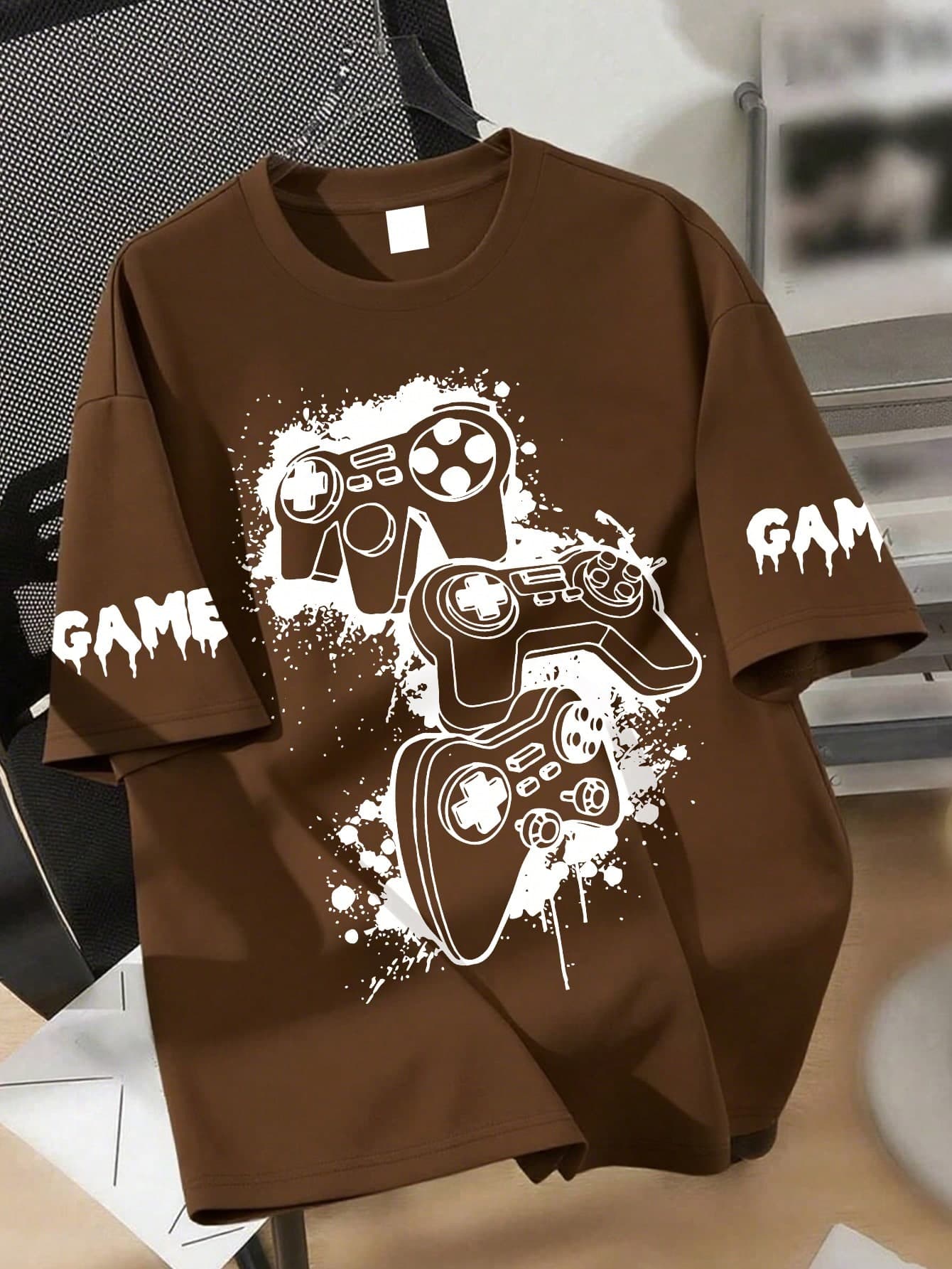 Teen Boy Loose Fit Printed T-Shirt, Splatter Paint Game Controller Graphic, "GAME" Drip Ink Slogan On Sleeves, Casual Dropped Shoulder Top, Suitable For School, Sports Events, Daily Casual Wear, Summer