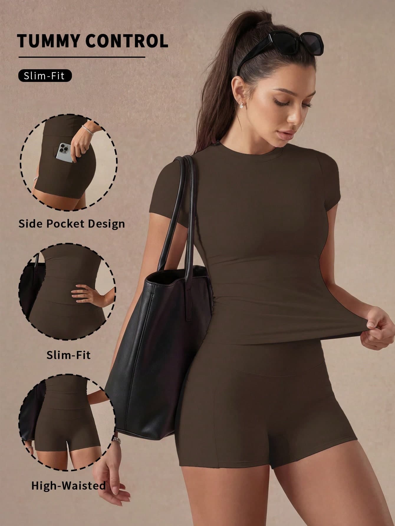 6pecil Coffee Brown 2-Piece Home Set, Short Sleeve Top & High-Waisted Cycling Shorts With Pockets, Aesthetic Buttery Autumn Women's Clothing Sports