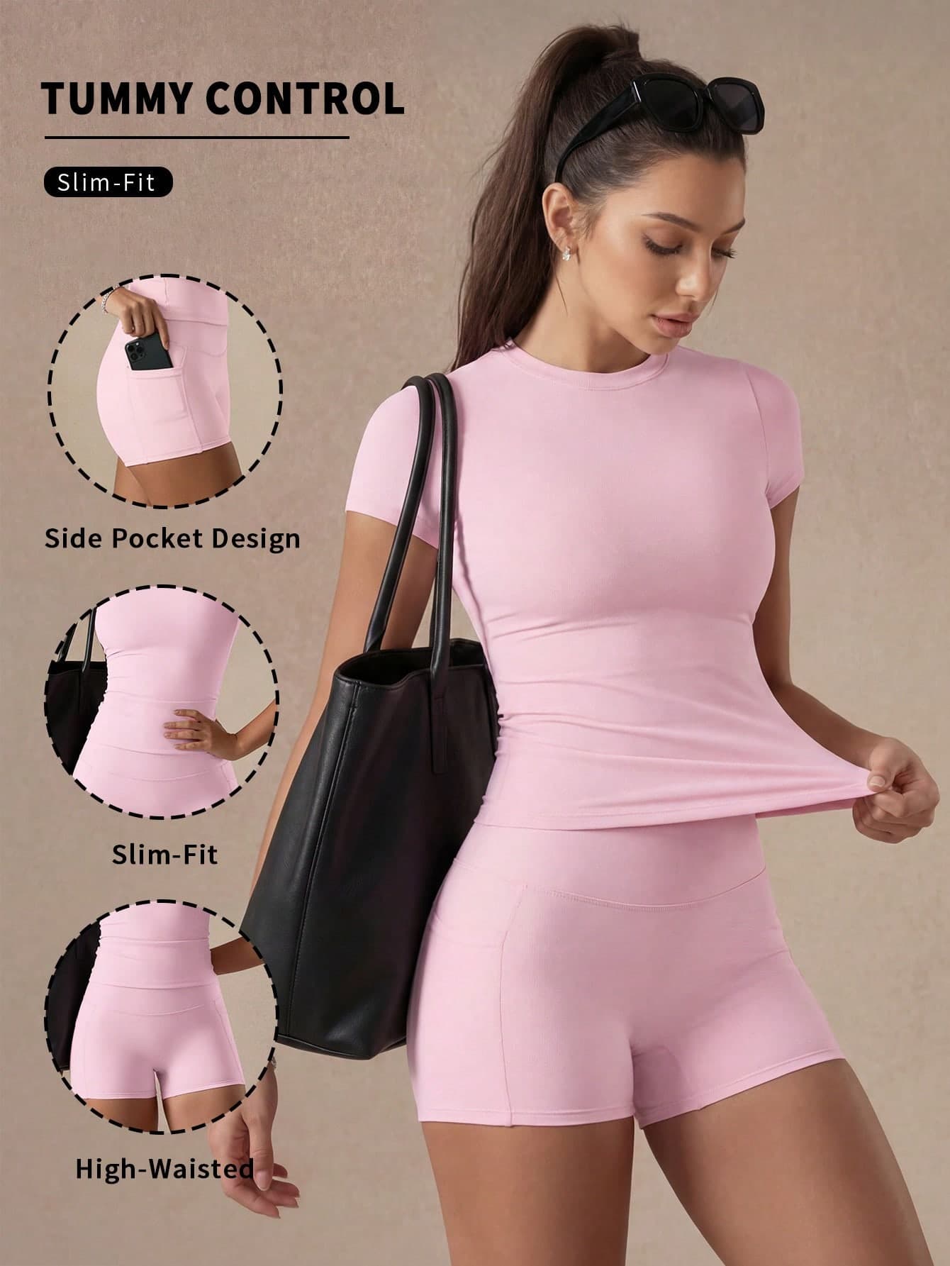 6pecil Pink Sweet Style 2pcs Set, Cute Short Sleeve T-Shirt & High Waist Cycling Shorts With Pockets, Soft Girly Women's Fitness Set Sports