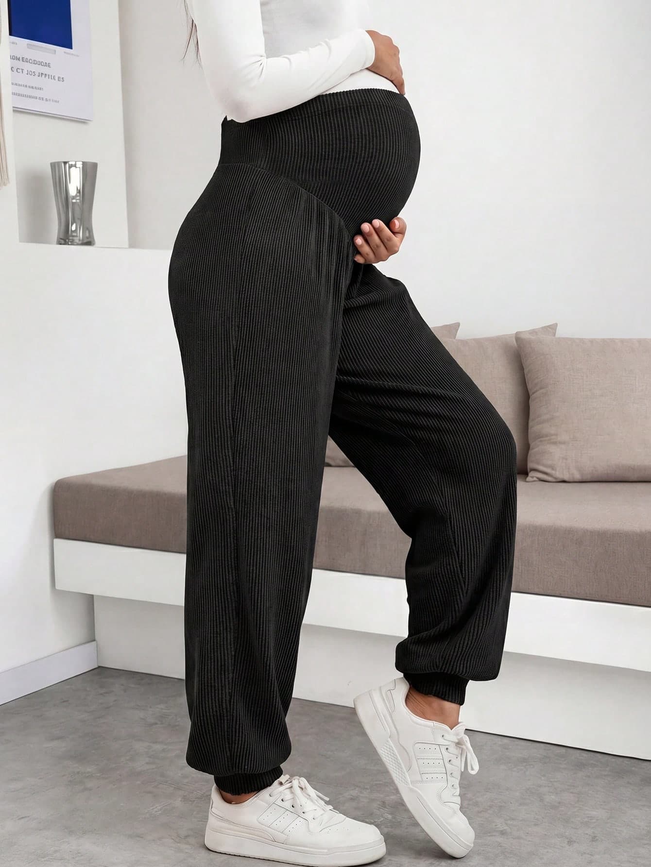Black Maternity Casual Comfortable Stretch Knit Harem Pants, With Elastic Cuffs, Suitable For Daily Wear And Vacation (JH25130)