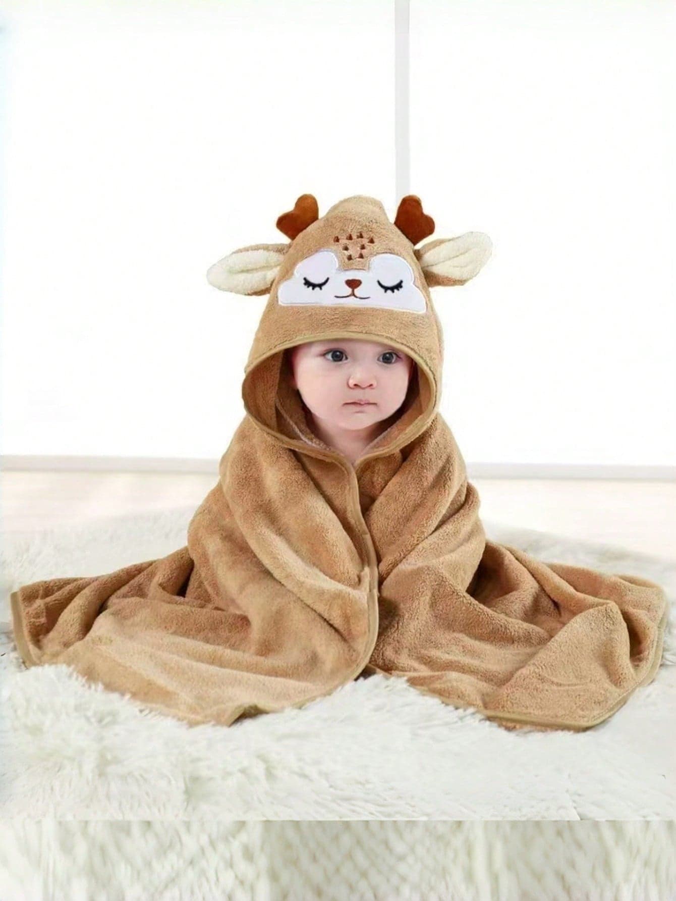 1pc Baby Hooded Towel, Neutral Animal Face Design Infant Cloak, Unique Animal Pattern Newborn Bathrobe, Super Soft Coral Fleece Cartoon Bathroom Wrap Towel, Suitable For All Seasons