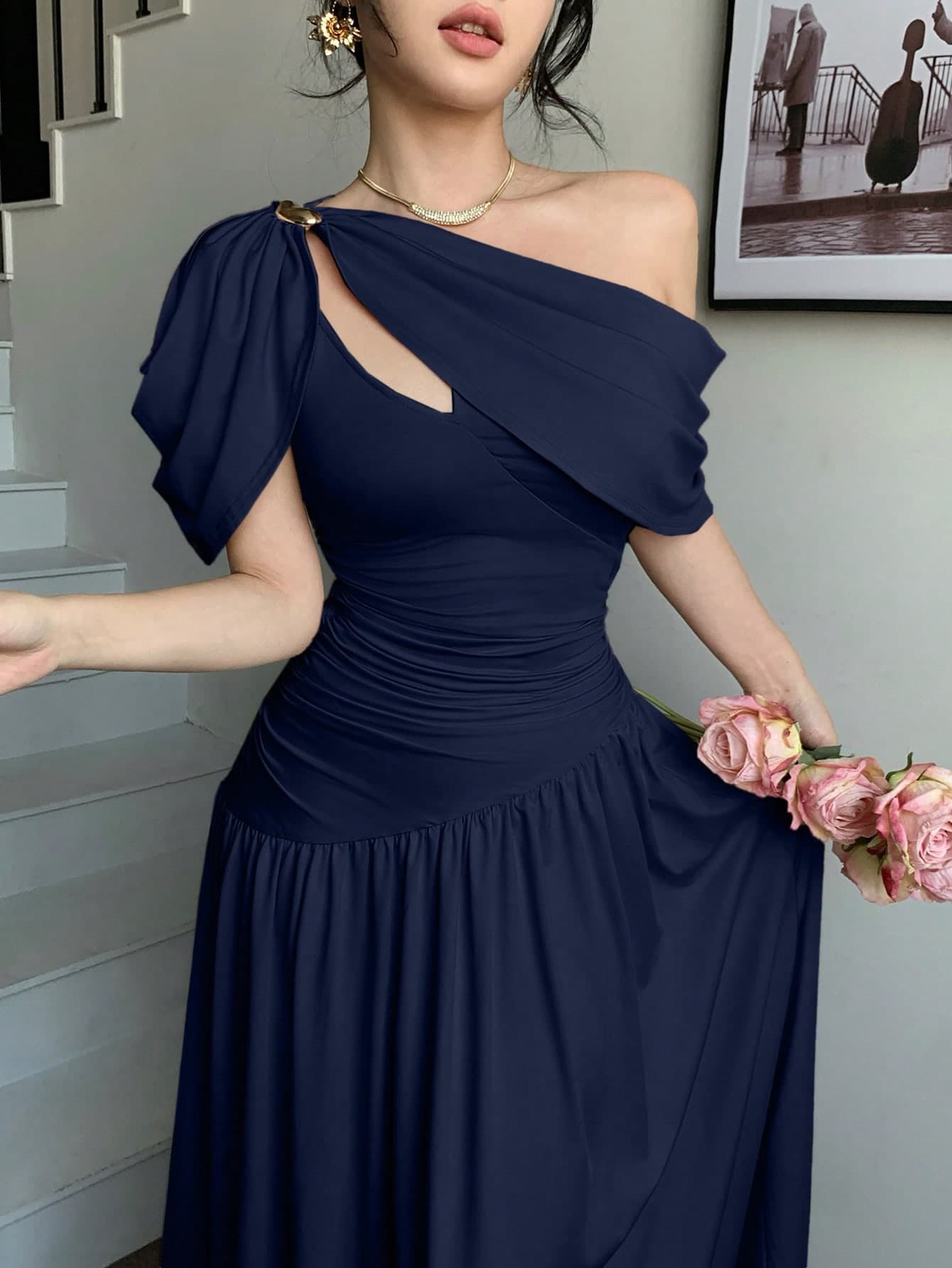 abyoxi Navy Blue Pleated Waist Fitted Flare Maxi Dress For Women, Elegant & Fashionable, Suitable For Party, Date, Holiday, Wedding, Formal Occasion, Banquet, Teacher's Day, Mother's Day, Graduation Ceremony, Stretchy & Slimming, Spring/Summer