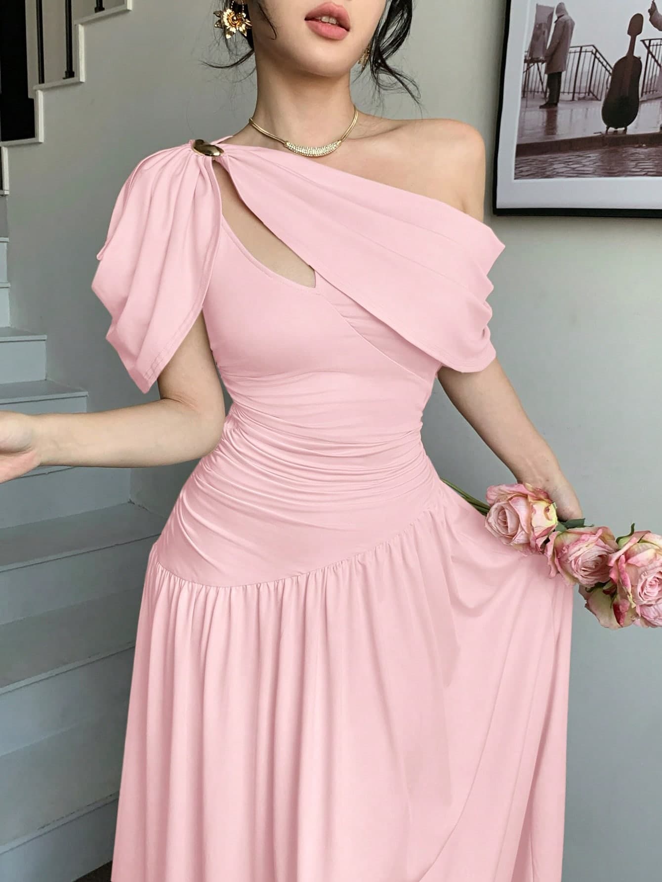 abyoxi Women's Light Pink Ruched Waist Fitted Flare Maxi Dress, Elegant & Fashionable, Suitable For Party, Date, Holiday, Wedding, Formal Occasion, Banquet, Teacher's Day, Mother's Day, Graduation Ceremony, Stretchy & Slimming, Spring/Summer Long Dress
